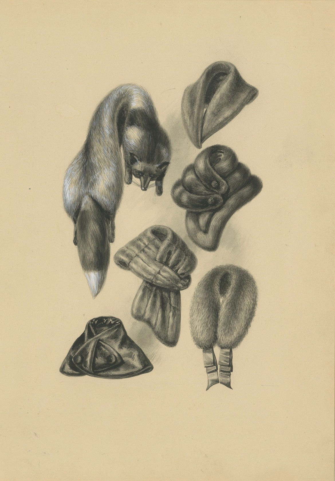 French Art Nouveau Fashion Design of Fur Collars and Stoles, c.1910
