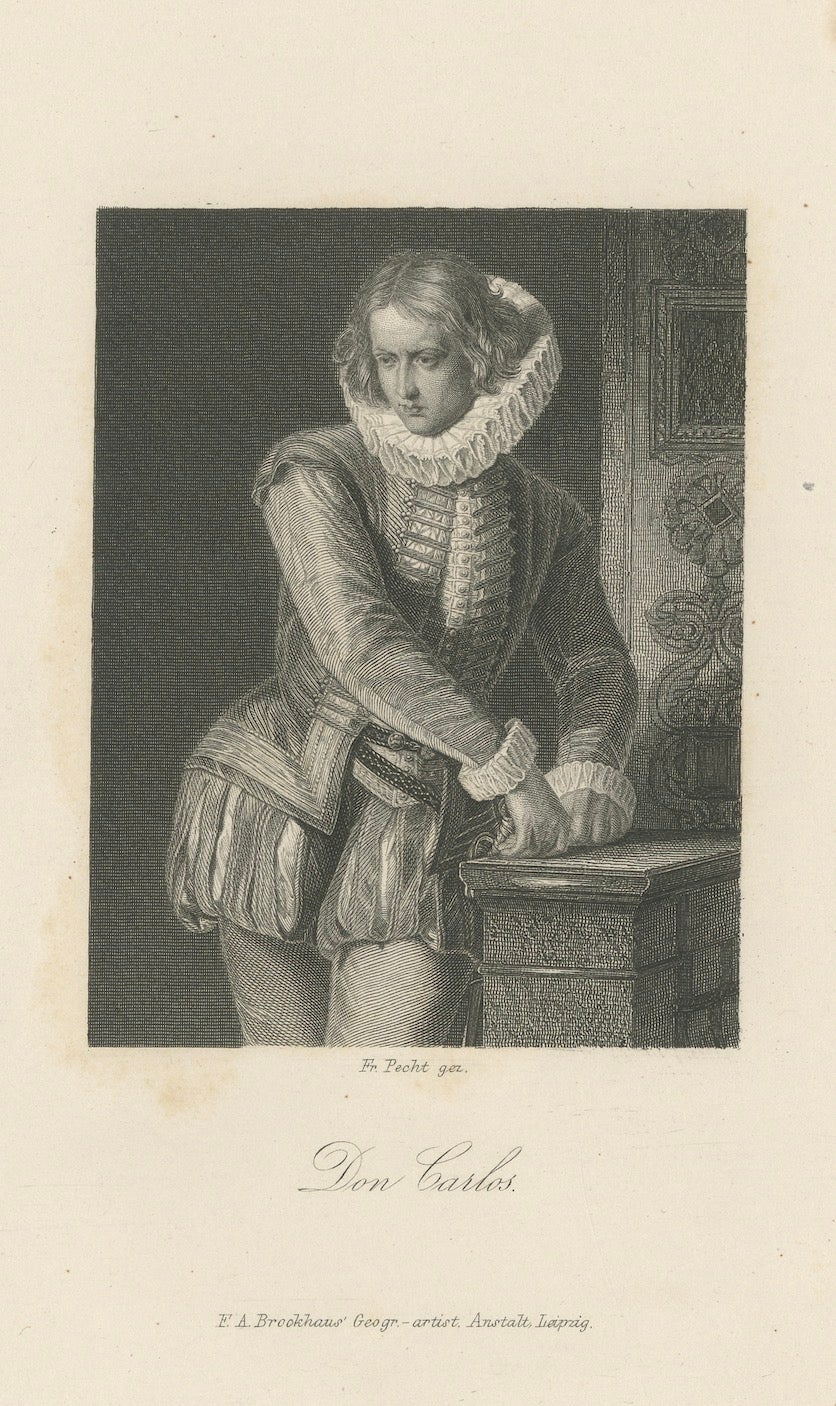 Don Carlos from Schiller’s Tragedy – German Steel Engraving, 1859