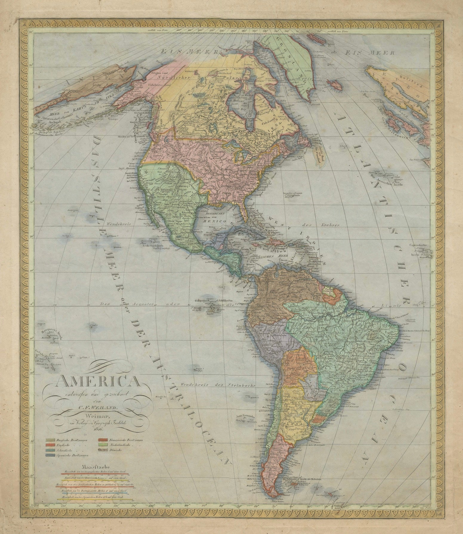 Large Antique Map of North & South America by Weiland, 1826