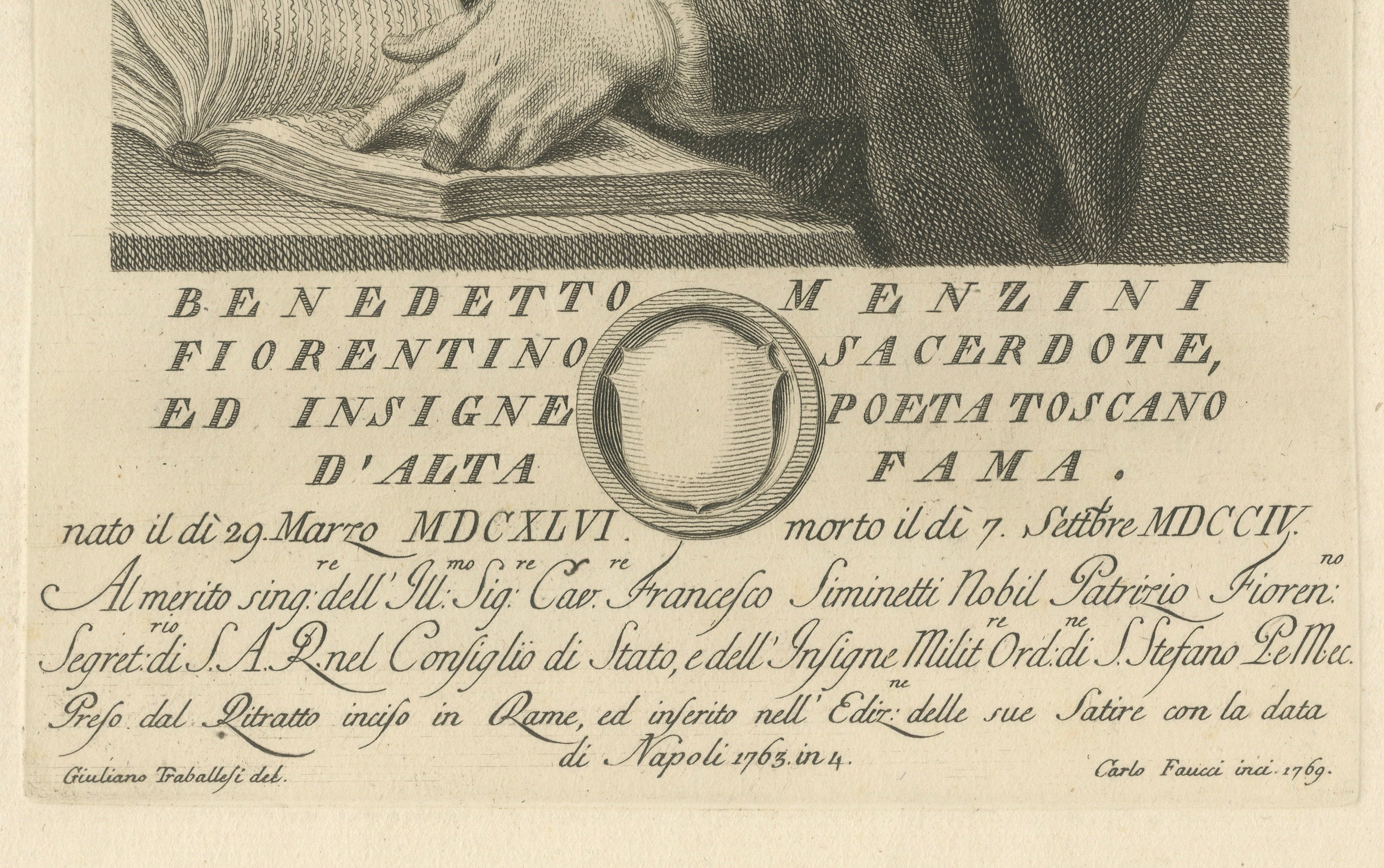 Benedetto Menzini, Florentine Poet & Priest Portrait Etching, 1769
