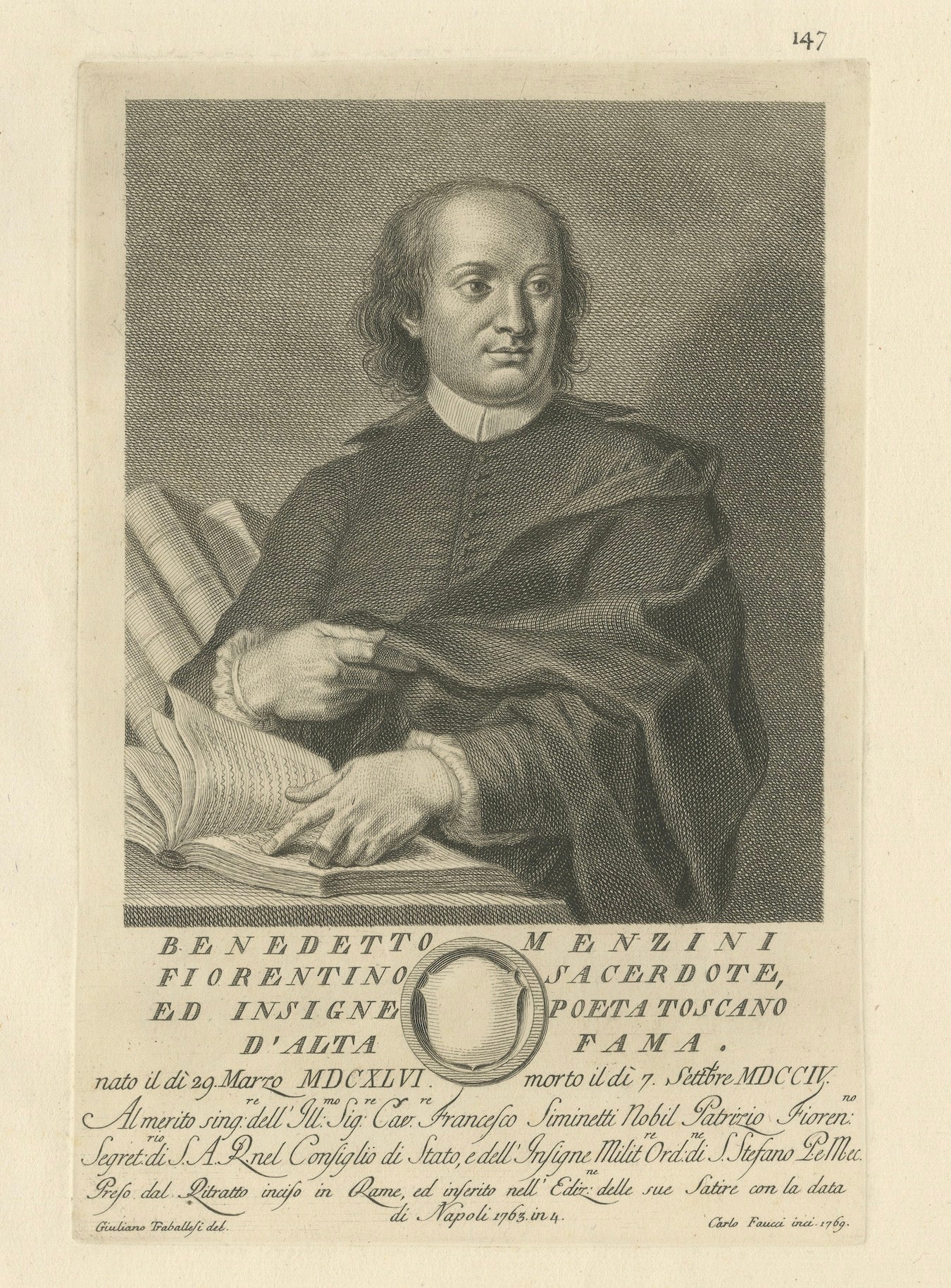 Benedetto Menzini, Florentine Poet & Priest Portrait Etching, 1769