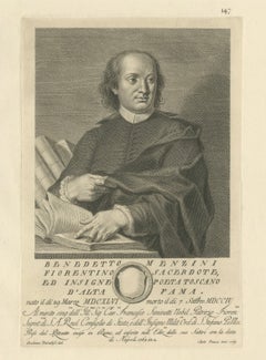 Benedetto Menzini, Florentine Poet & Priest Portrait Etching, 1769