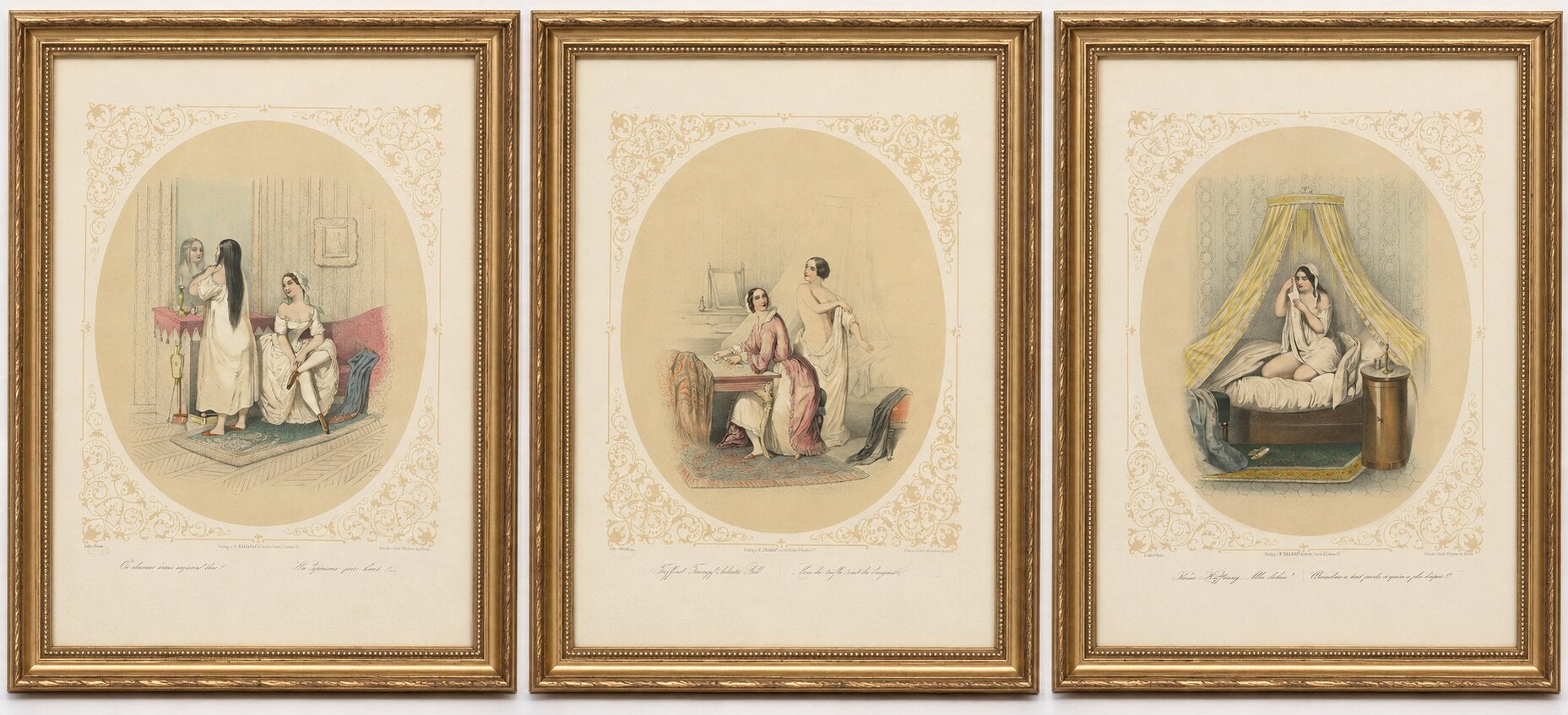Set of Three Erotic Boudoir Lithographs, Berlin, circa 1850