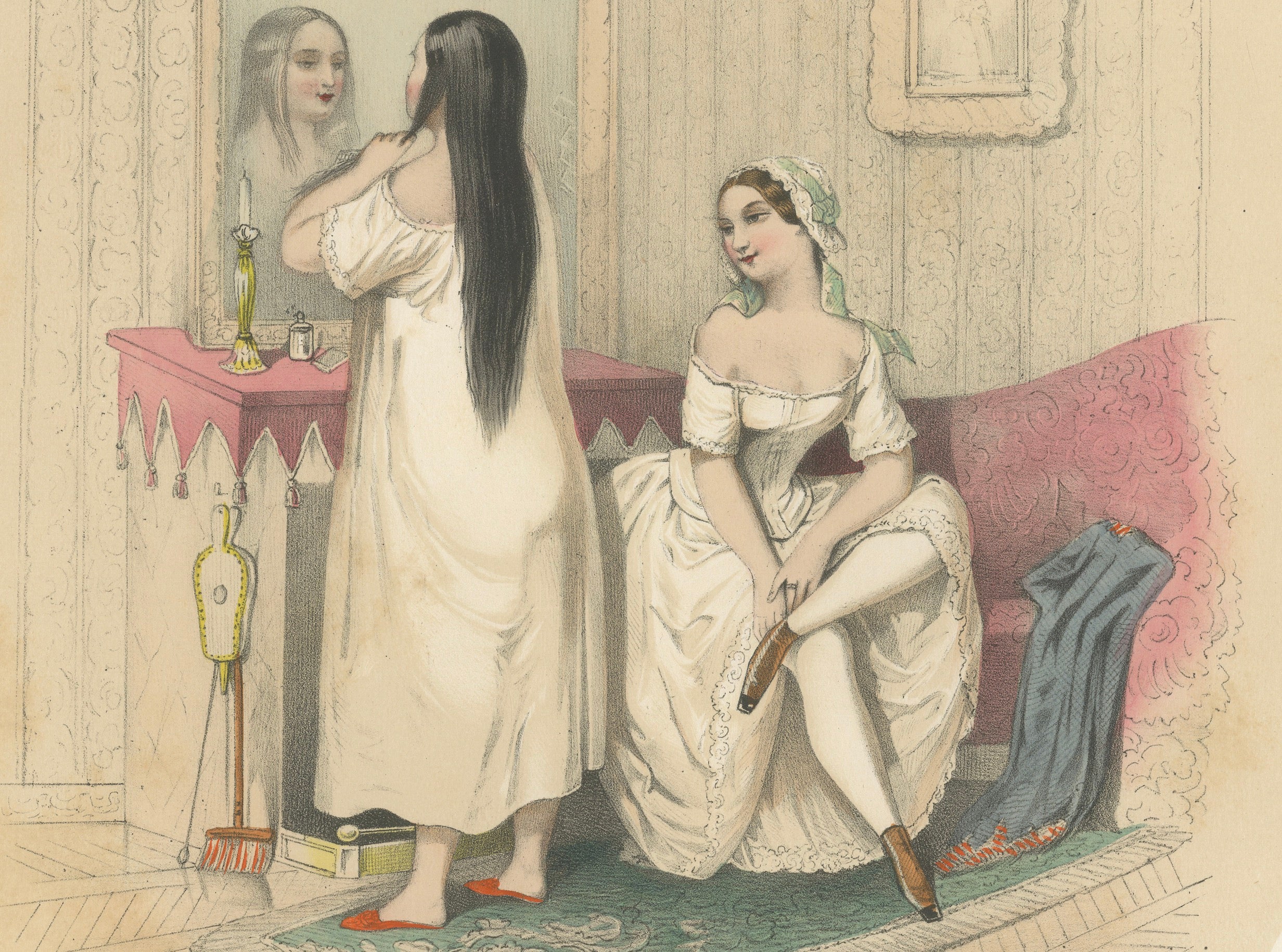 Set of Three Erotic Boudoir Lithographs, Berlin, circa 1850