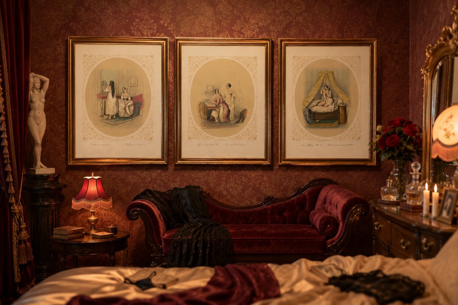 Set of Three Erotic Boudoir Lithographs, Berlin, circa 1850