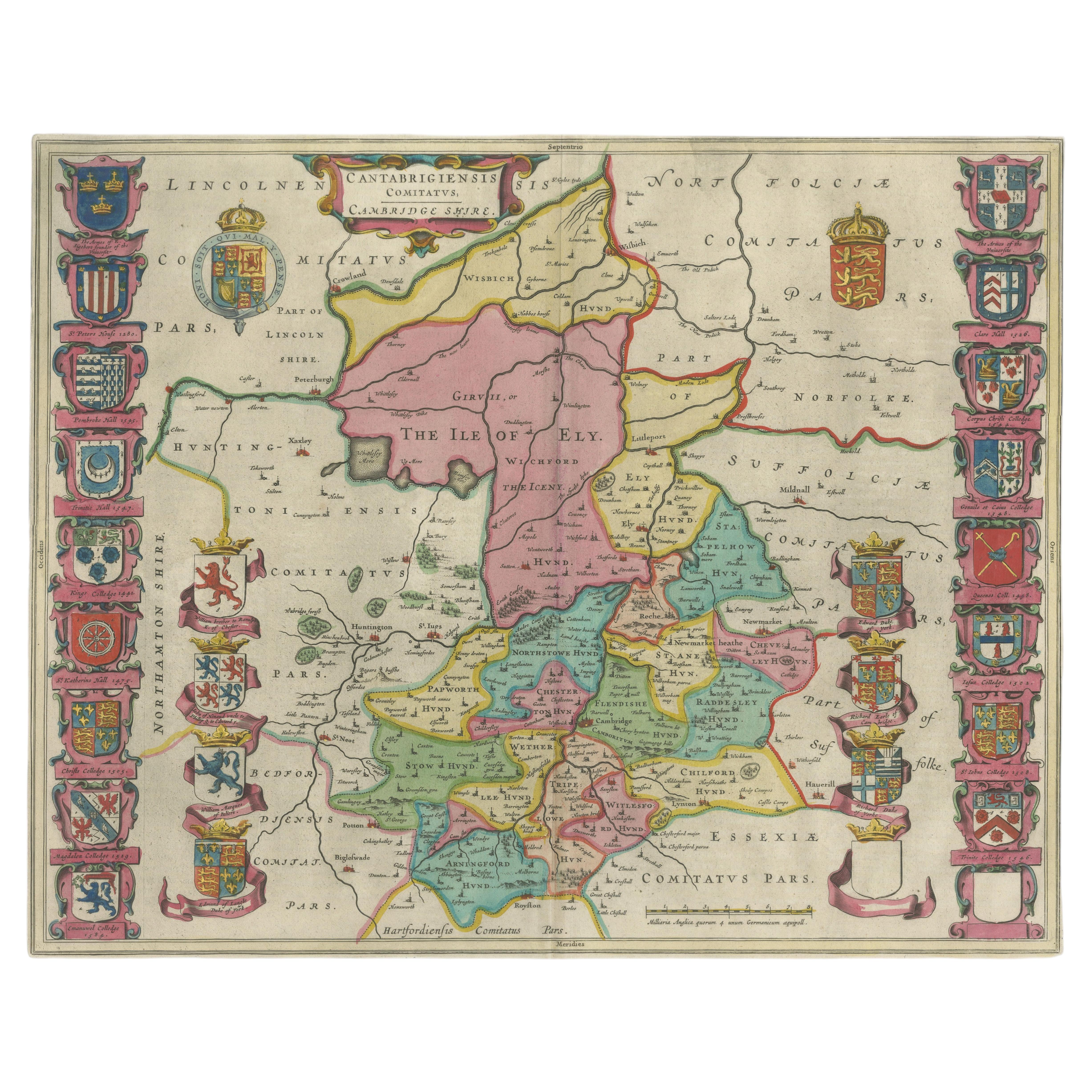 Mapa antiguo de Cambridgeshire y Cambridge, de Joan Blaeu, coloreado a mano, 1645