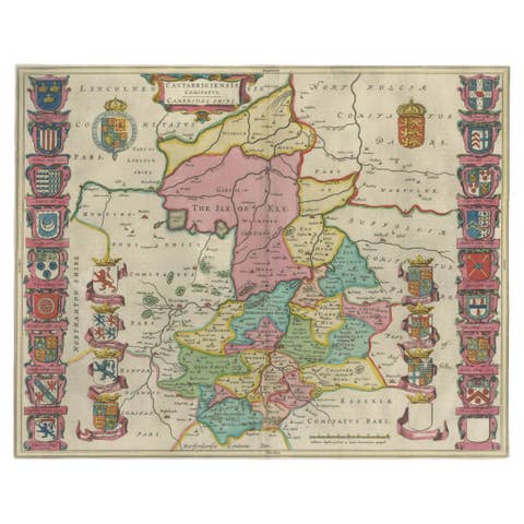 Antique Map of Cambridgeshire & Cambridge by Joan Blaeu, Hand-Colored, 1645