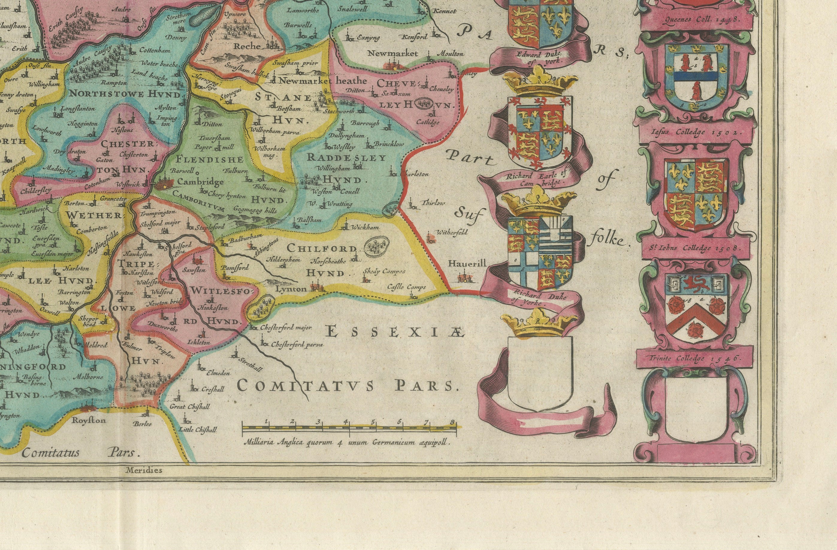 Antique Map of Cambridgeshire & Cambridge by Joan Blaeu, Hand-Colored, 1645
