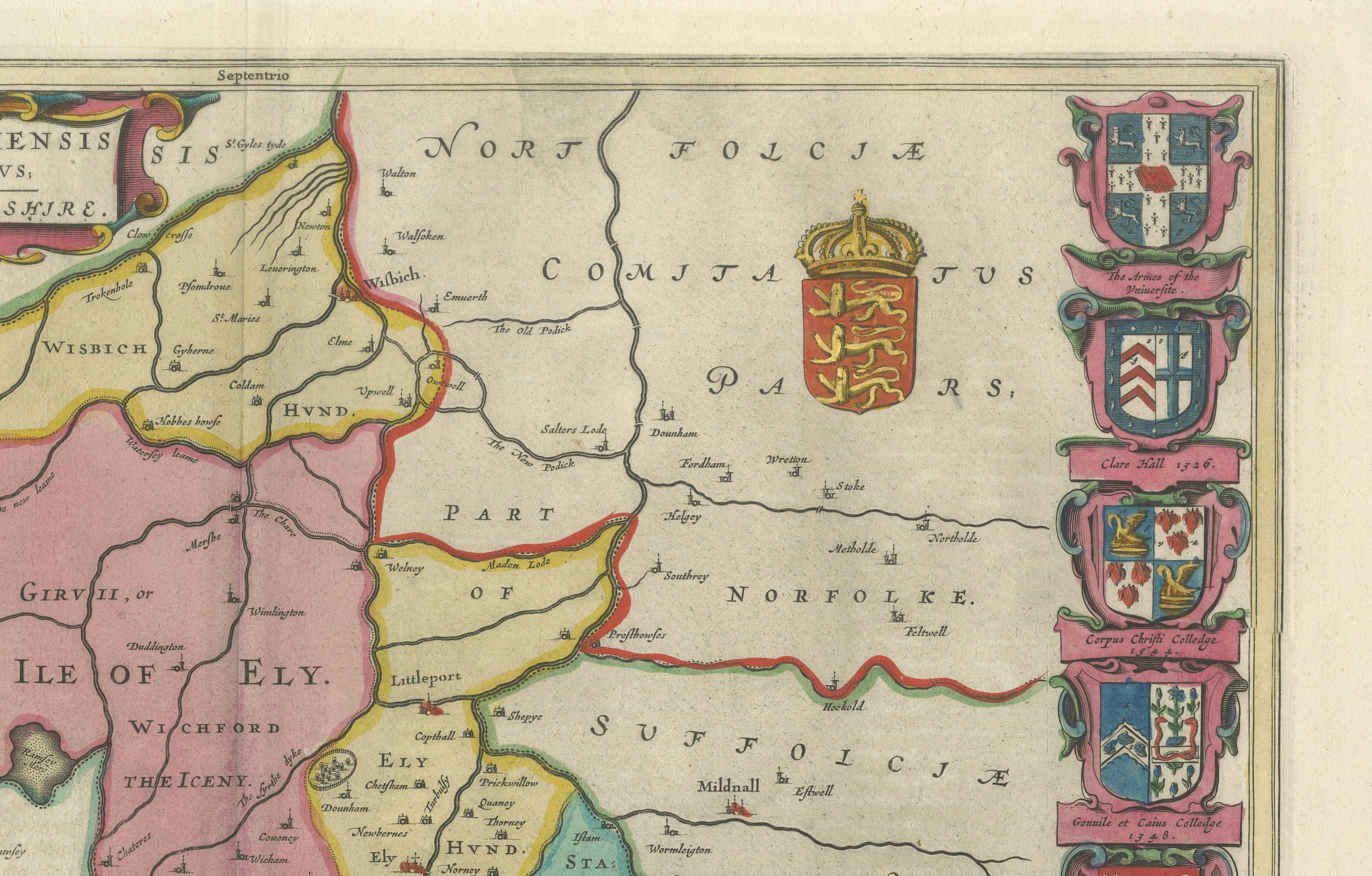 Antique Map of Cambridgeshire & Cambridge by Joan Blaeu, Hand-Colored, 1645