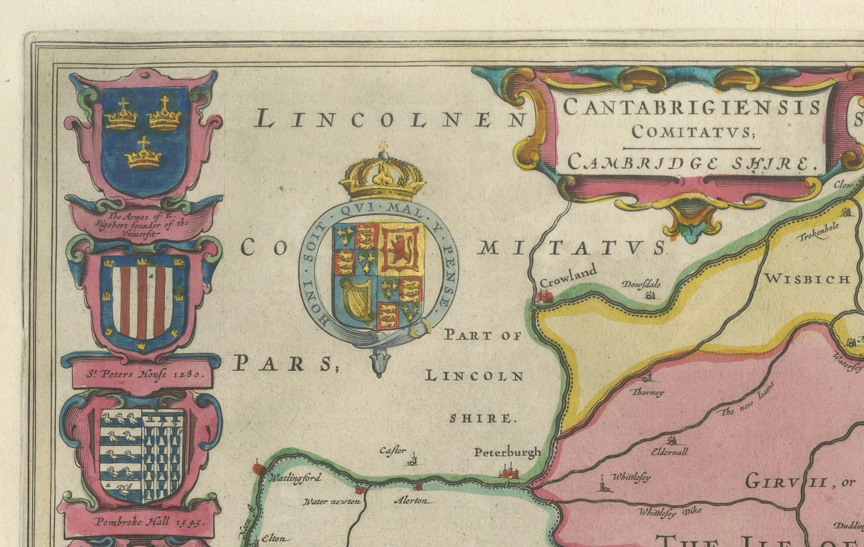 Antique Map of Cambridgeshire & Cambridge by Joan Blaeu, Hand-Colored, 1645