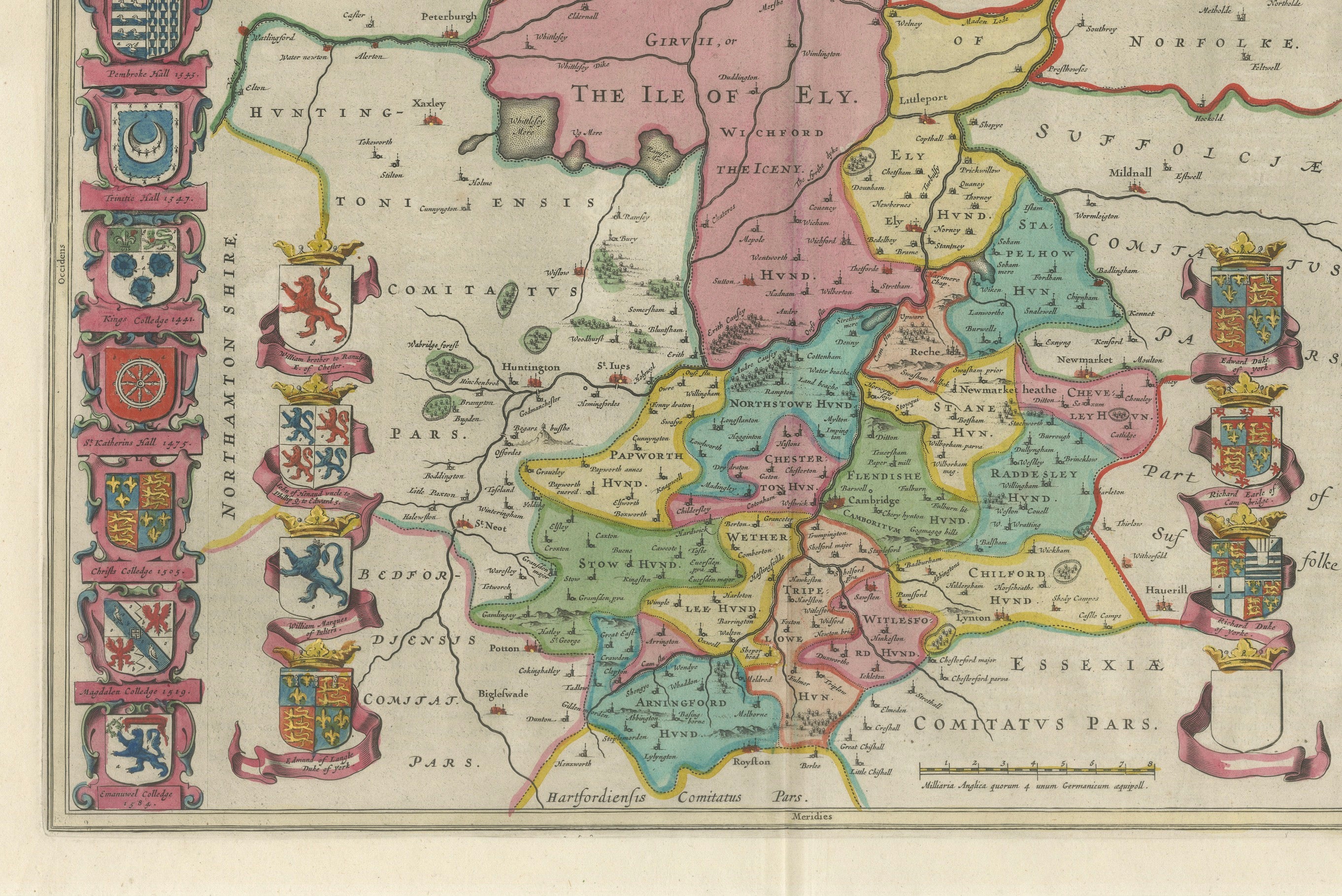 Antique Map of Cambridgeshire & Cambridge by Joan Blaeu, Hand-Colored, 1645