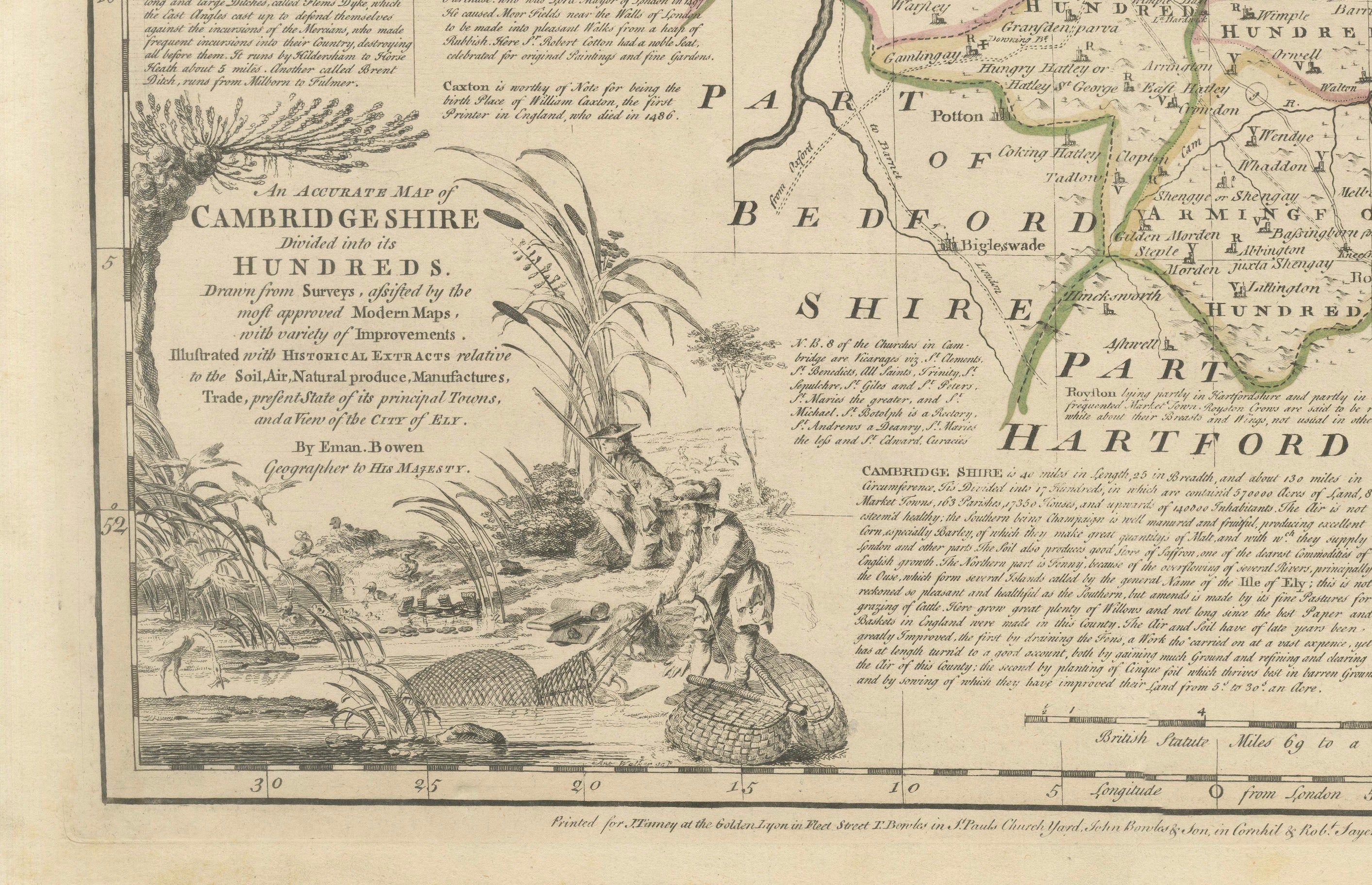 Large Antique Map of Cambridgeshire by Emanuel Bowen, circa 1760