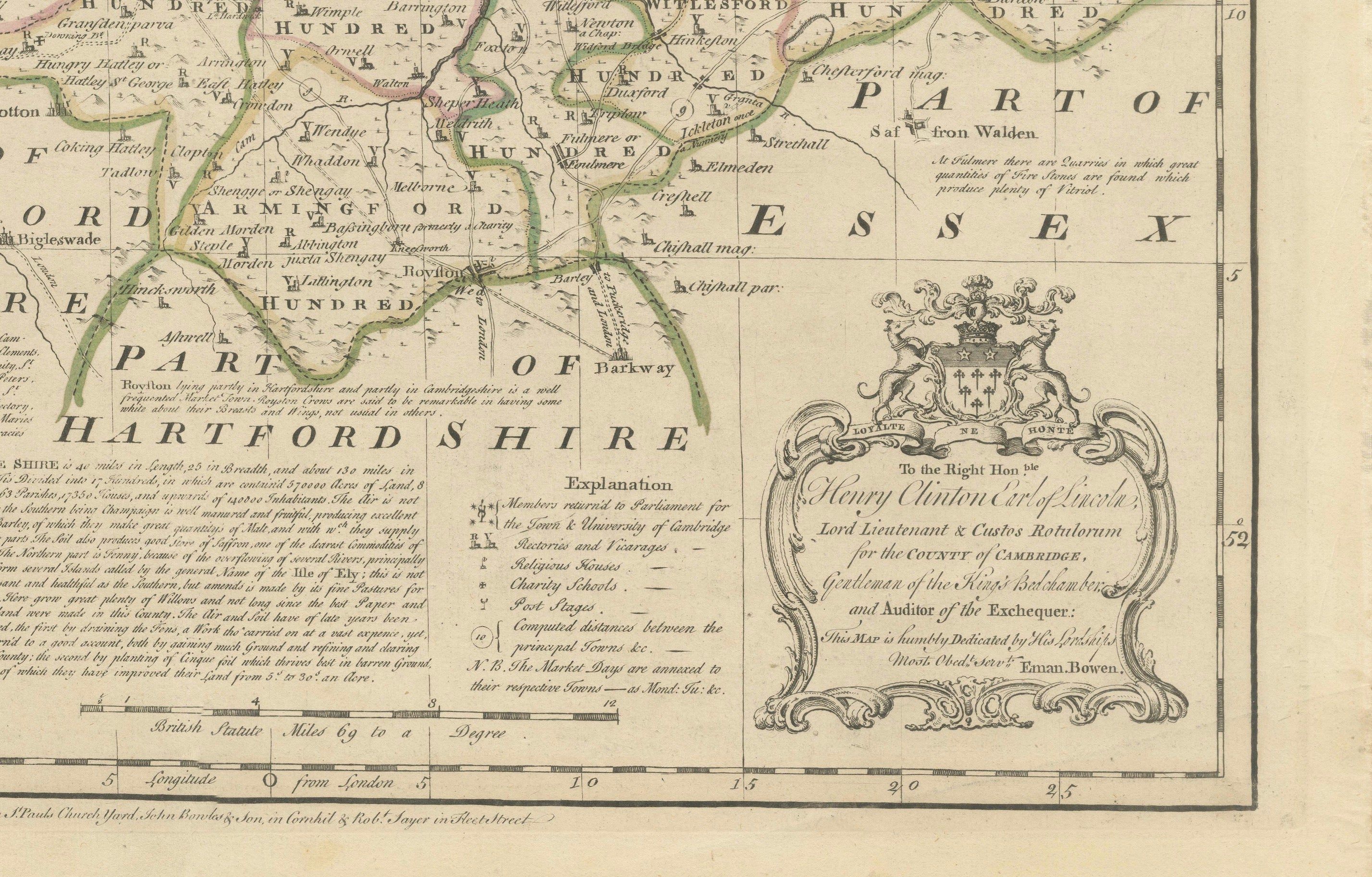 Large Antique Map of Cambridgeshire by Emanuel Bowen, circa 1760