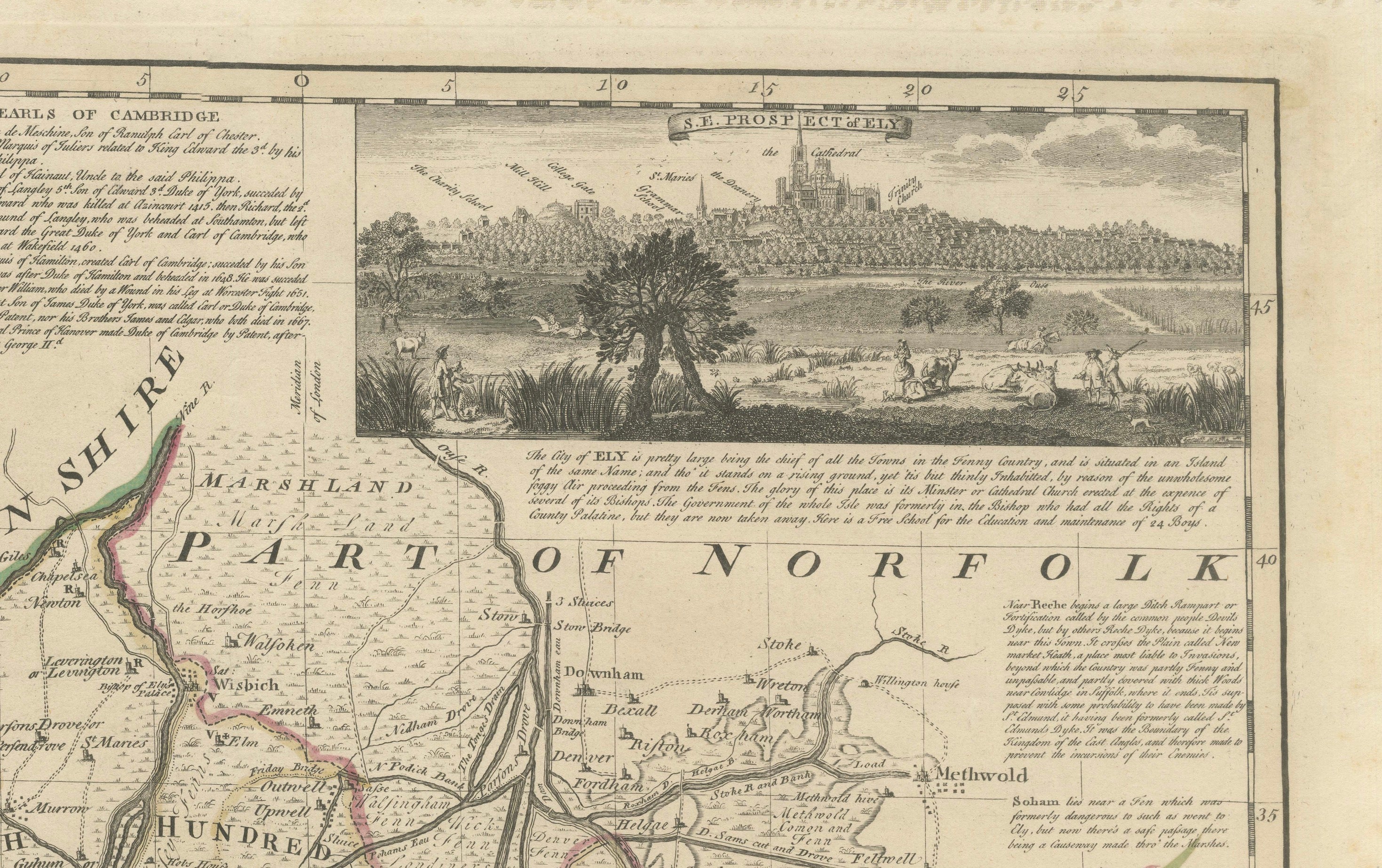 Large Antique Map of Cambridgeshire by Emanuel Bowen, circa 1760