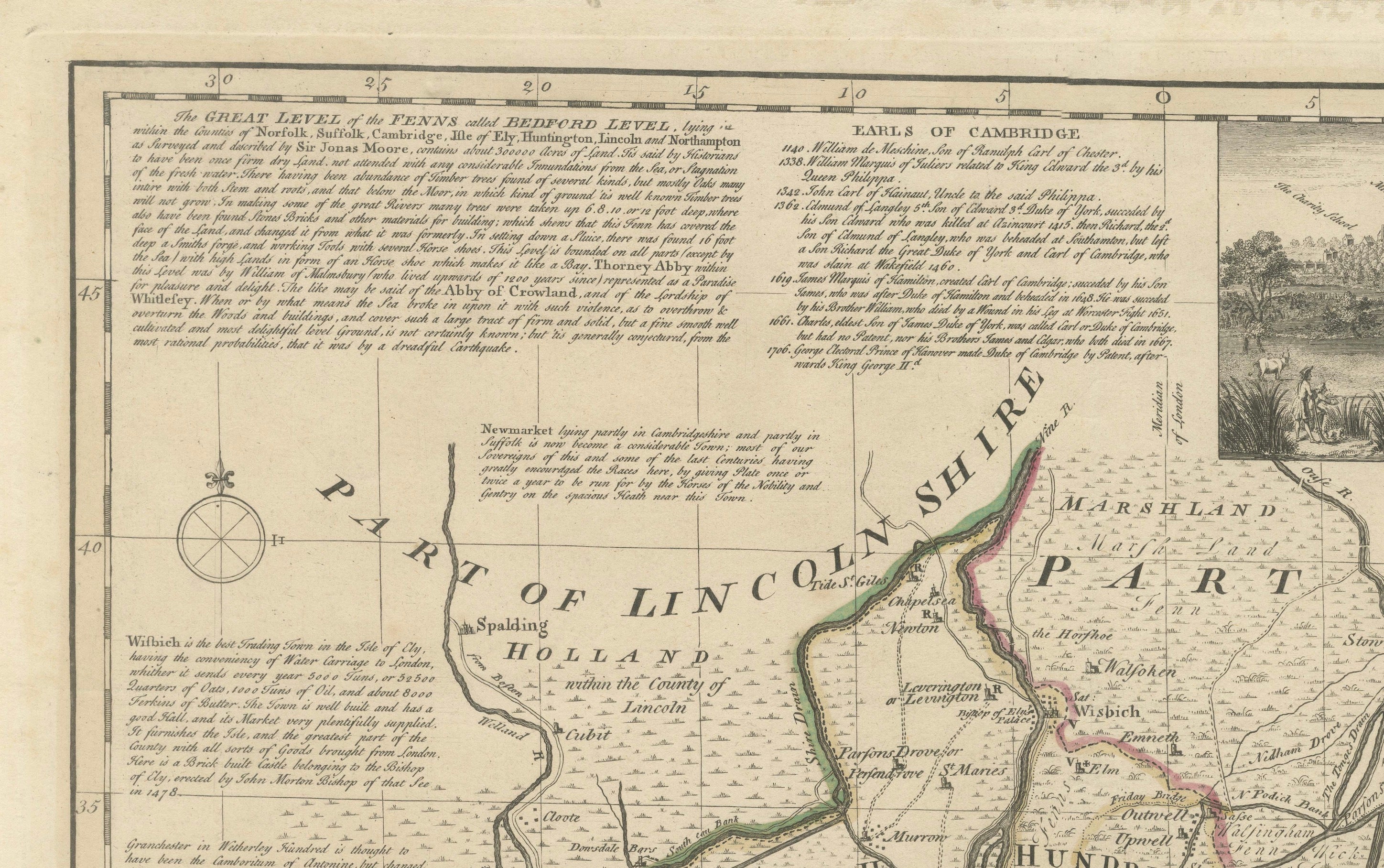 Large Antique Map of Cambridgeshire by Emanuel Bowen, circa 1760