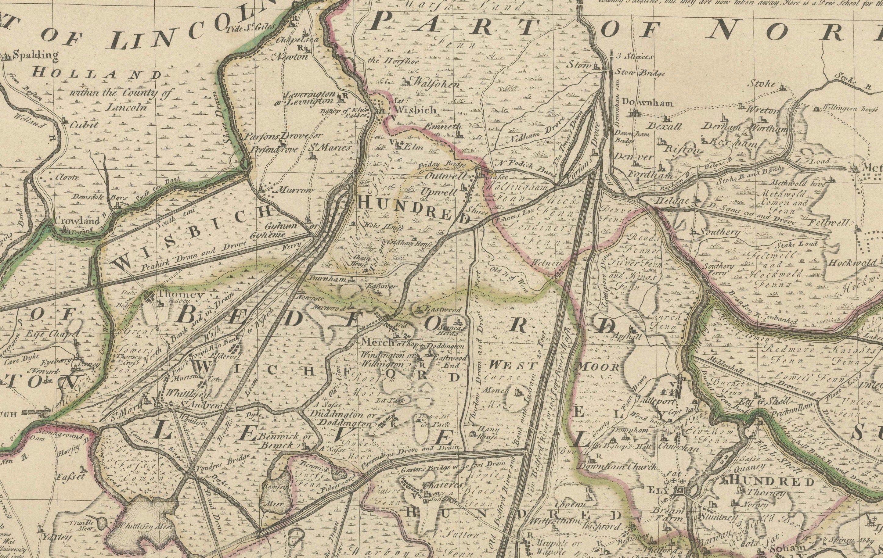 Large Antique Map of Cambridgeshire by Emanuel Bowen, circa 1760