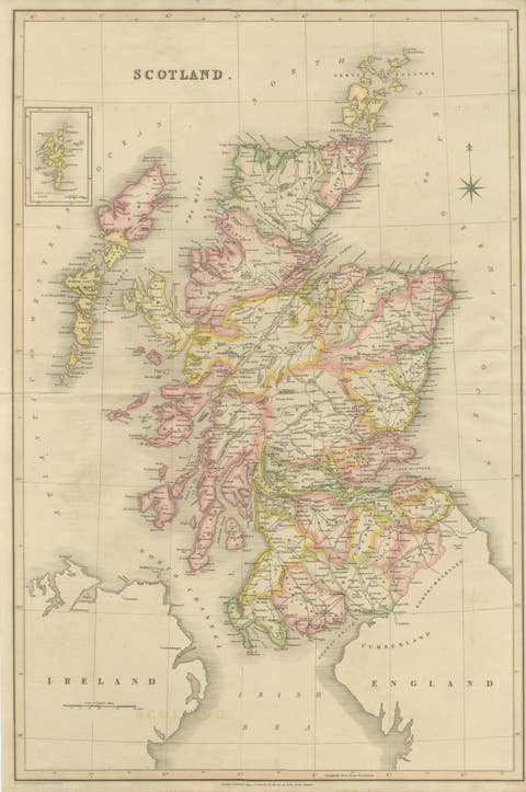 Antique Map of Scotland by T. L. Murray with Original Colour, 1830