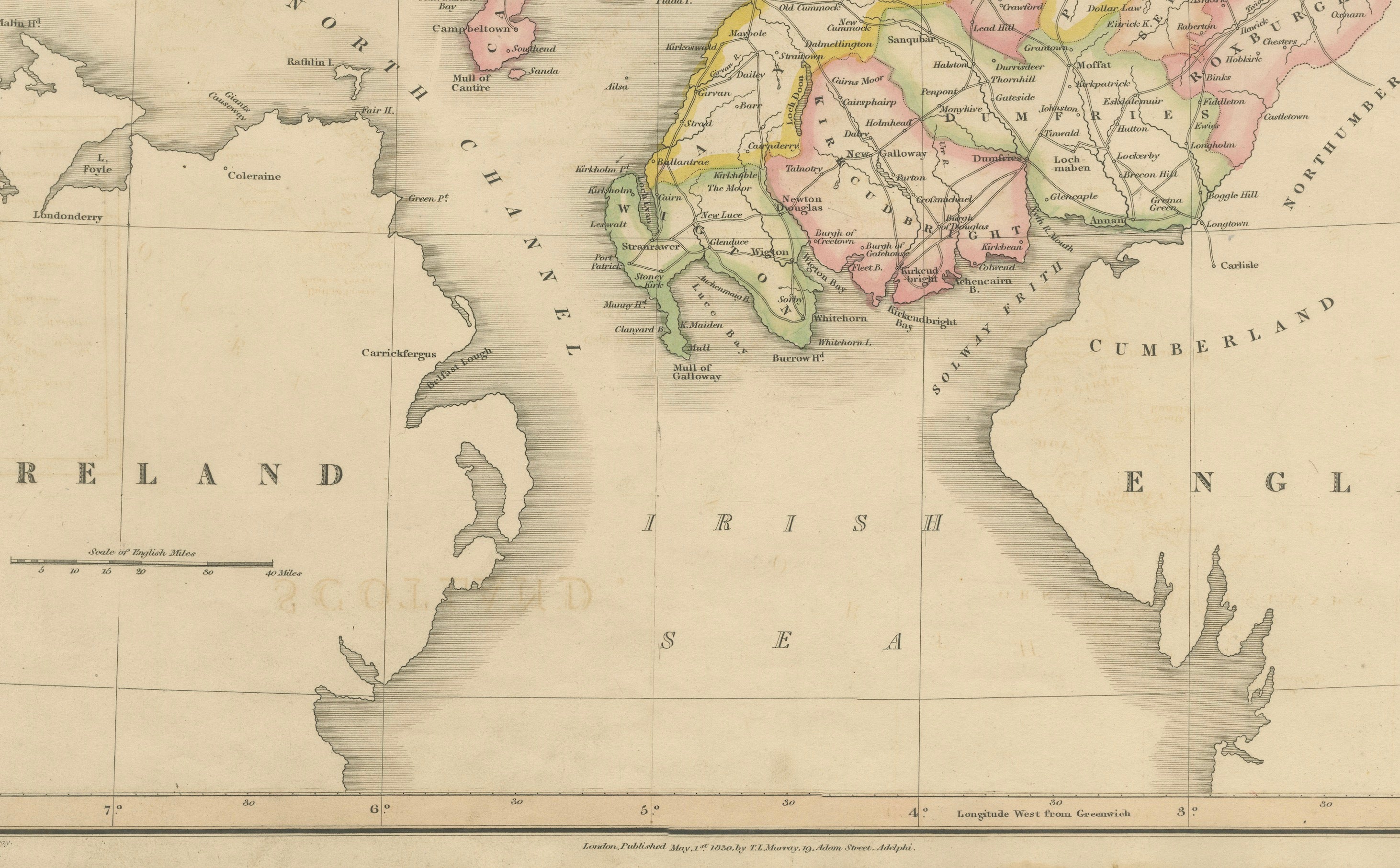 Antique Map of Scotland by T. L. Murray with Original Colour, 1830