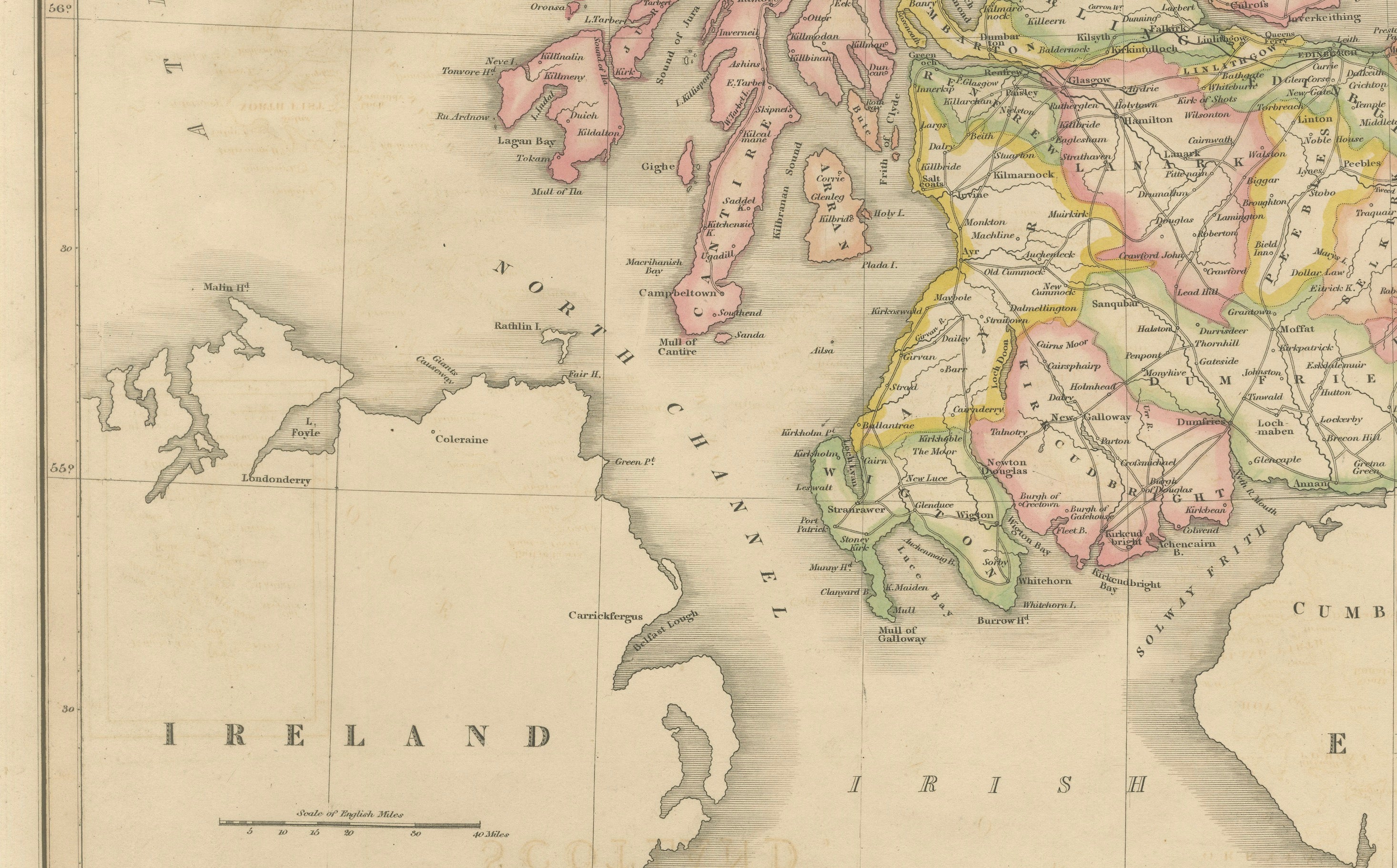 Antique Map of Scotland by T. L. Murray with Original Colour, 1830
