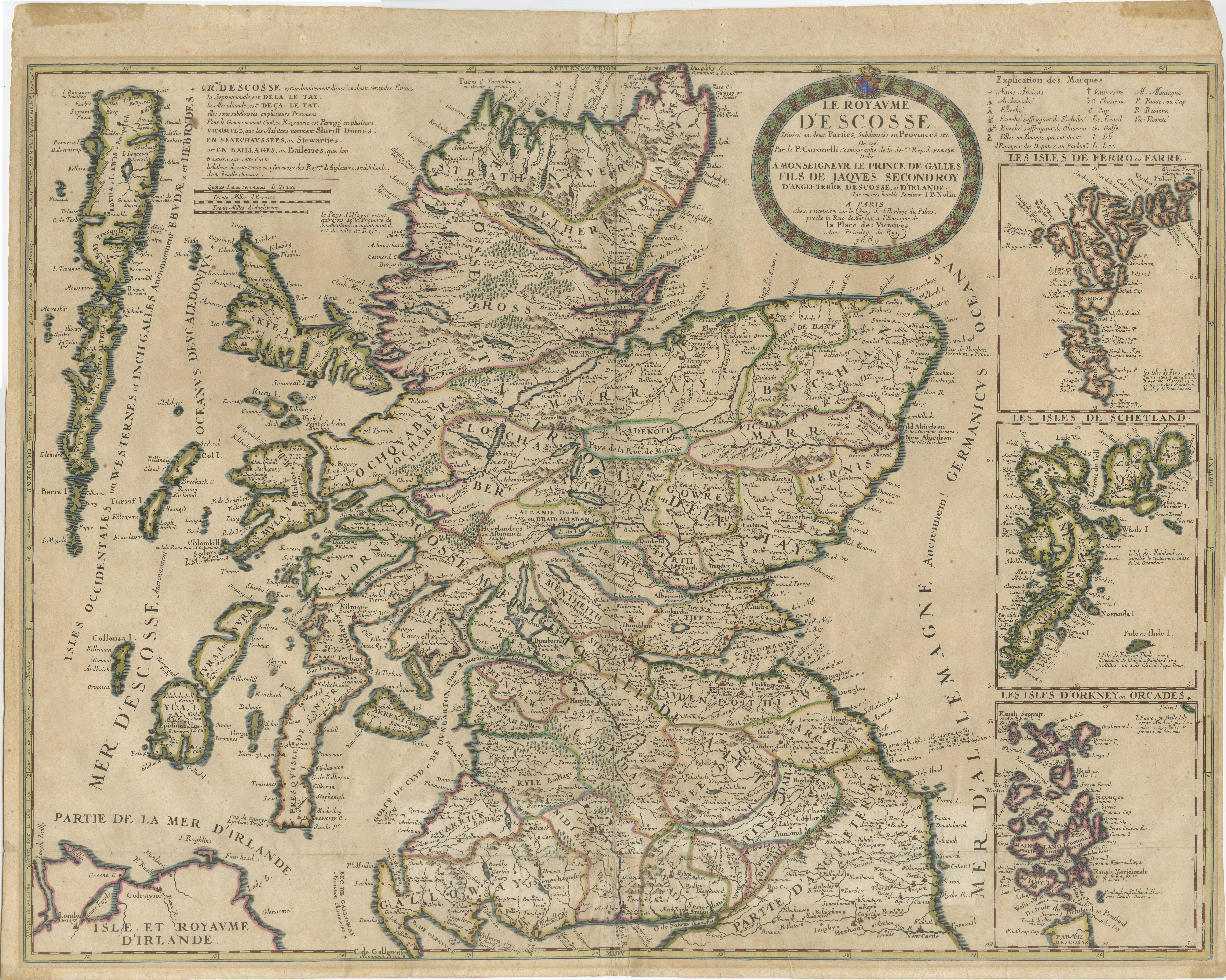 Antique Map of Scotland by Nolin and Coronelli with Island Insets, 1689
