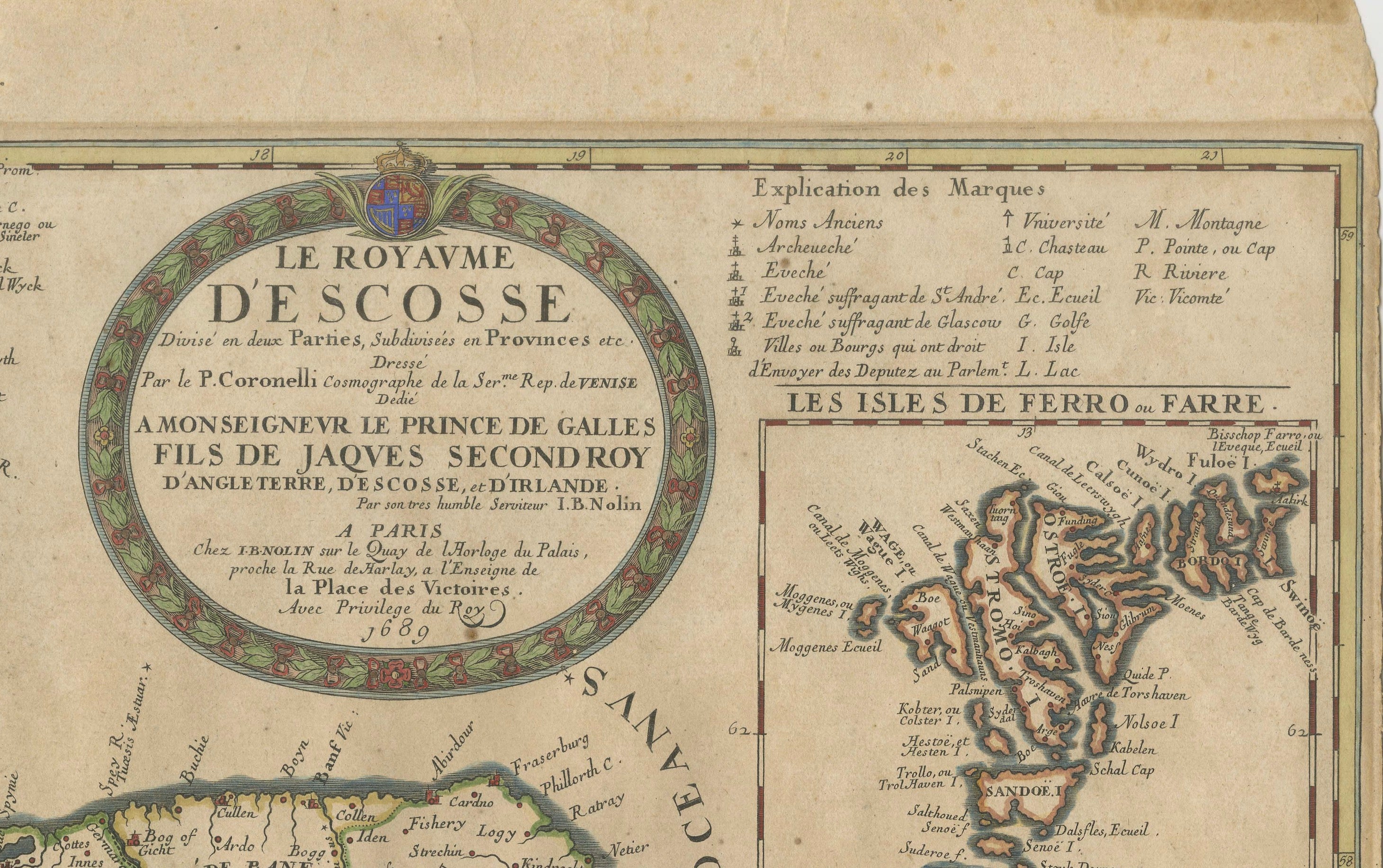 Antique Map of Scotland by Nolin and Coronelli with Island Insets, 1689