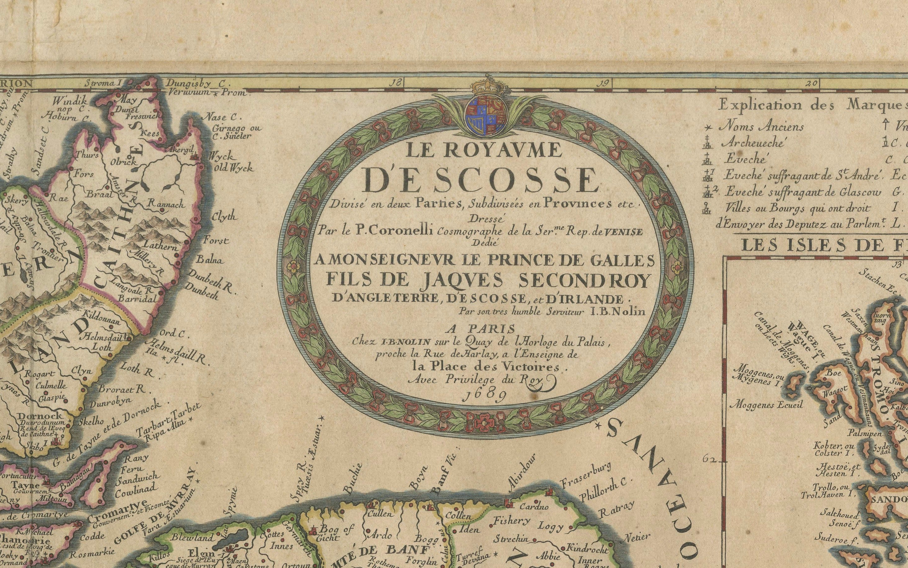Antique Map of Scotland by Nolin and Coronelli with Island Insets, 1689