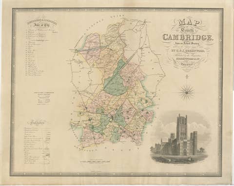 Antique Map of Cambridgeshire with Ely Cathedral by Greenwood, 1834