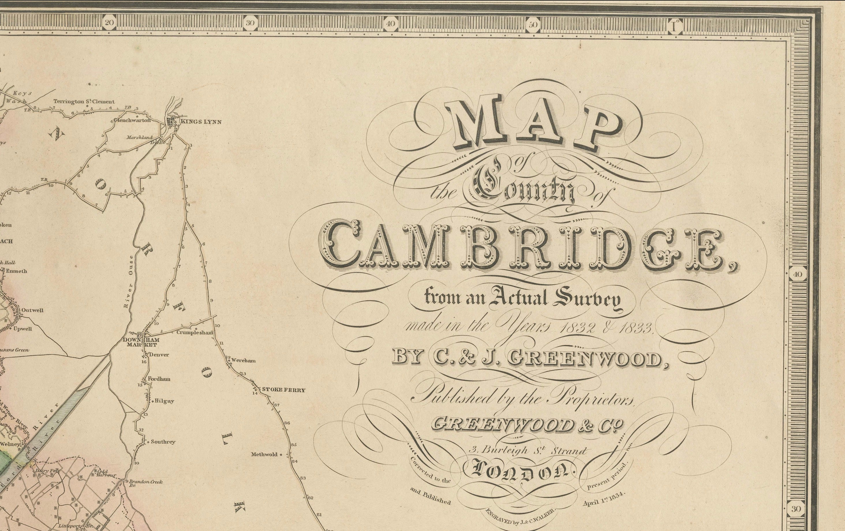 Antique Map of Cambridgeshire with Ely Cathedral by Greenwood, 1834