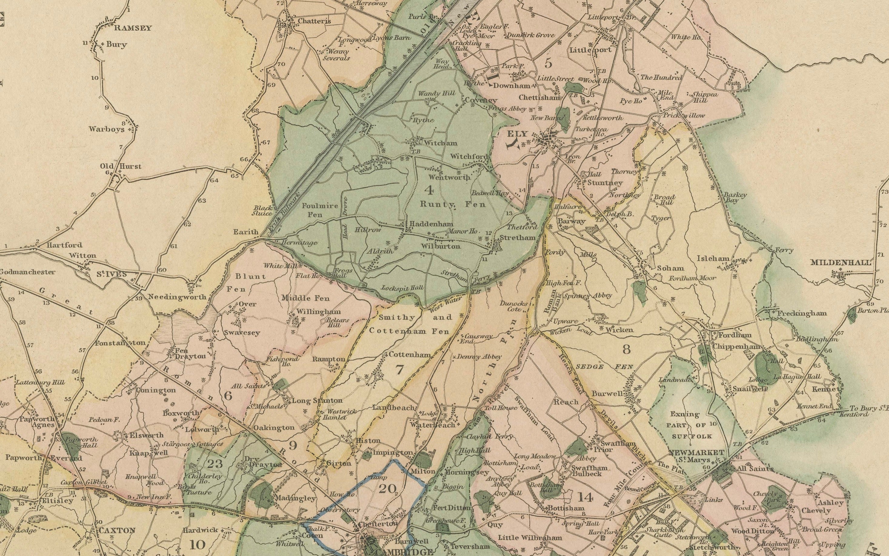 Antique Map of Cambridgeshire with Ely Cathedral by Greenwood, 1834