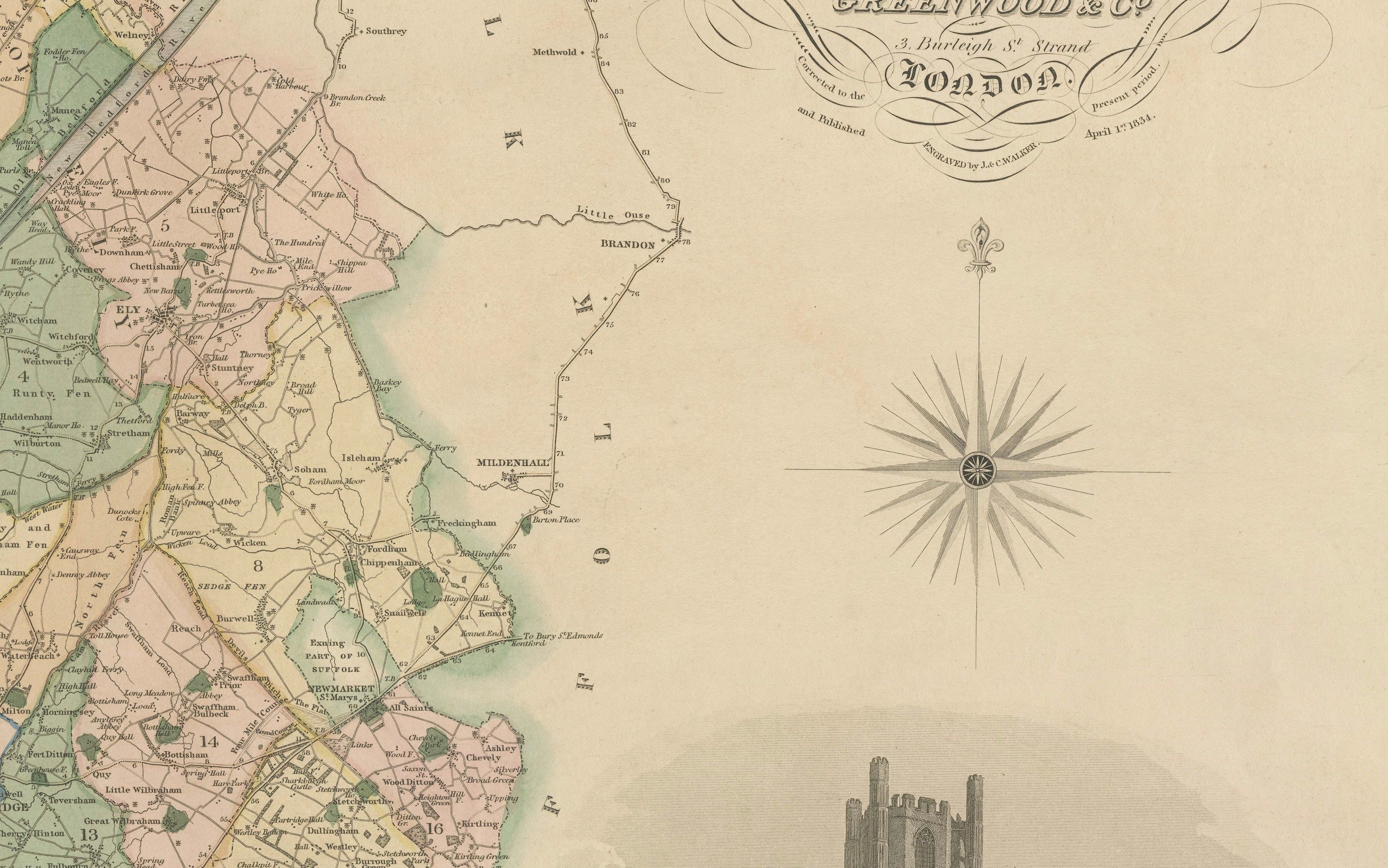 Antique Map of Cambridgeshire with Ely Cathedral by Greenwood, 1834