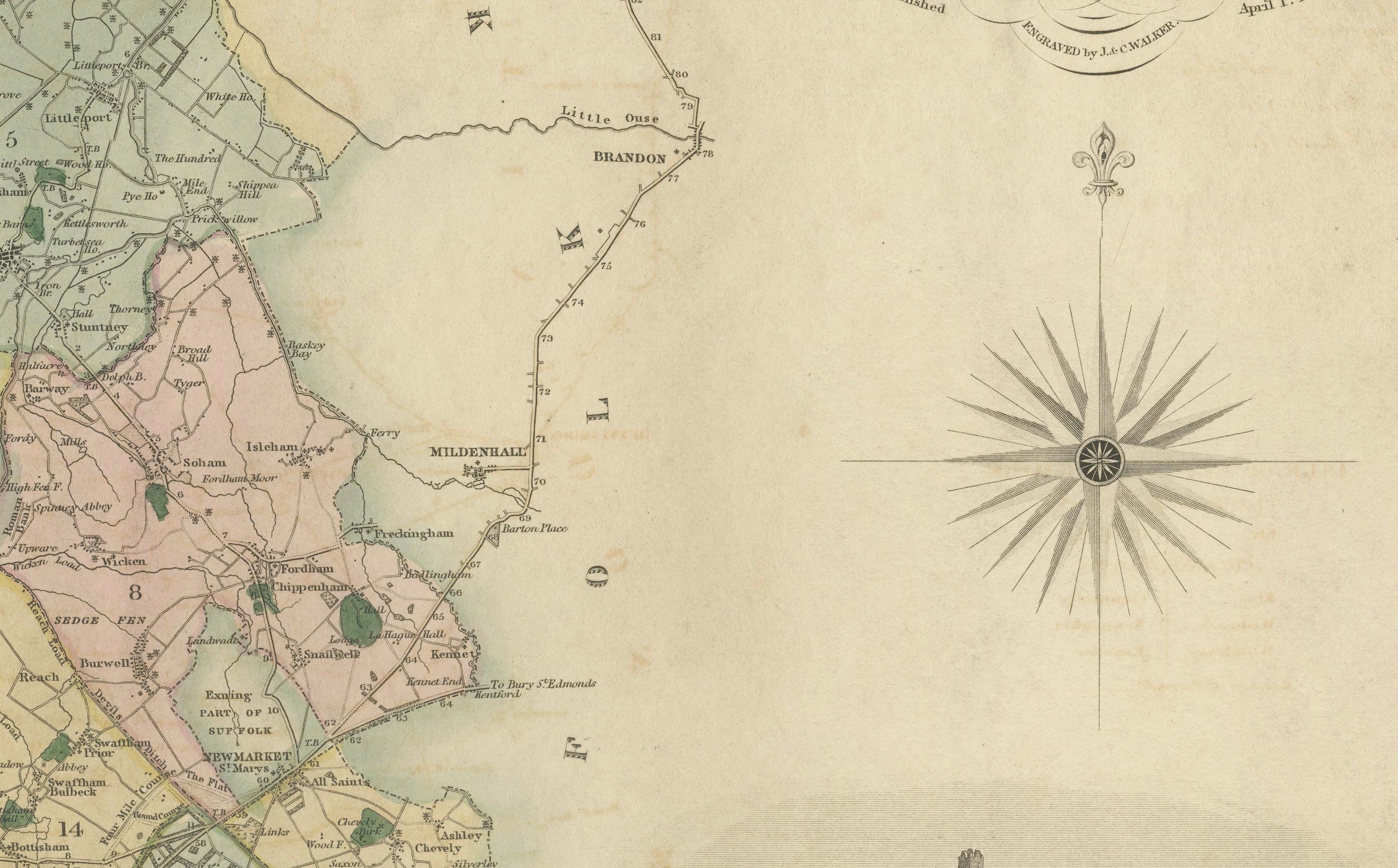 Large Hand-Colored Map of Cambridgeshire by Greenwood, 1834