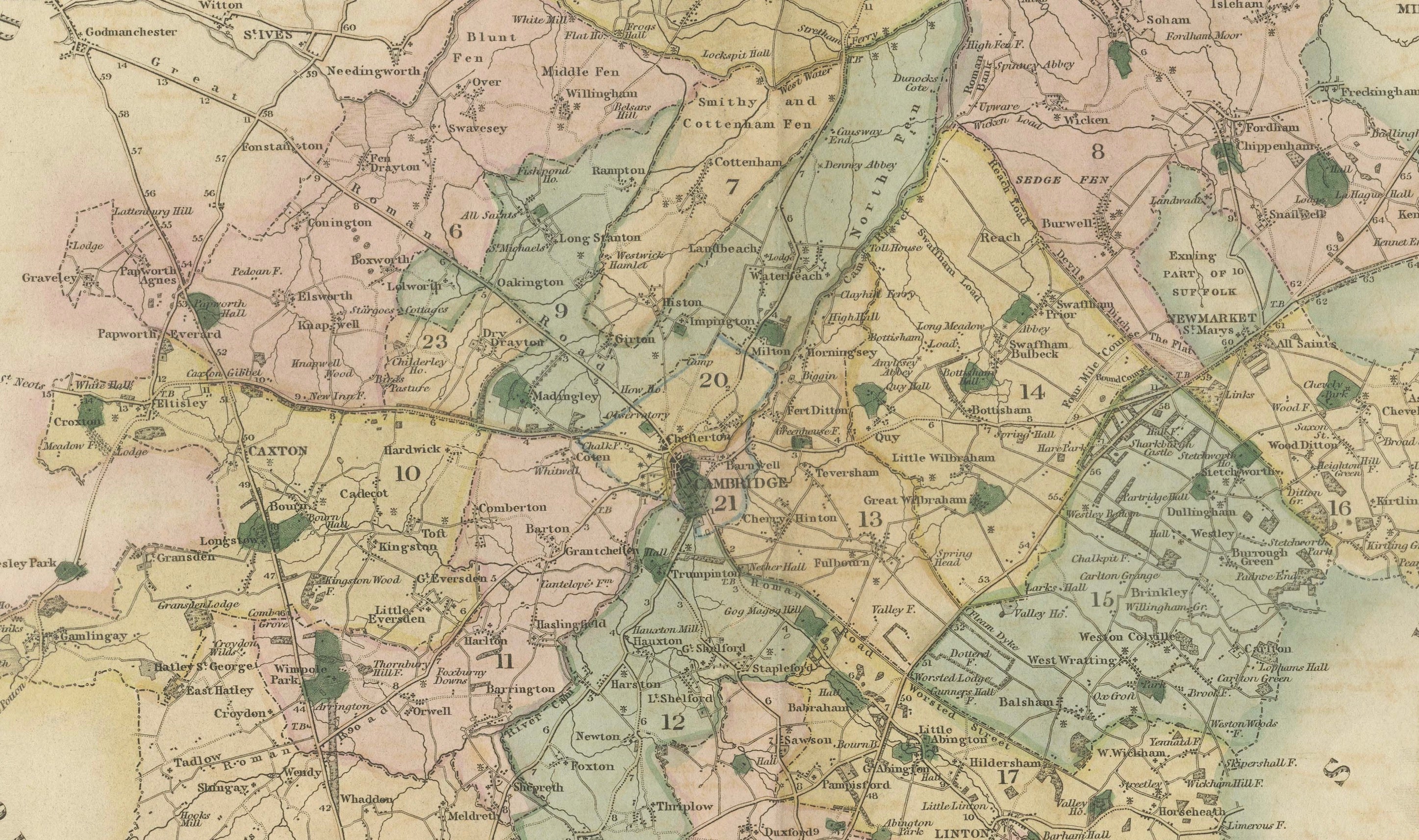 Large Hand-Colored Map of Cambridgeshire by Greenwood, 1834