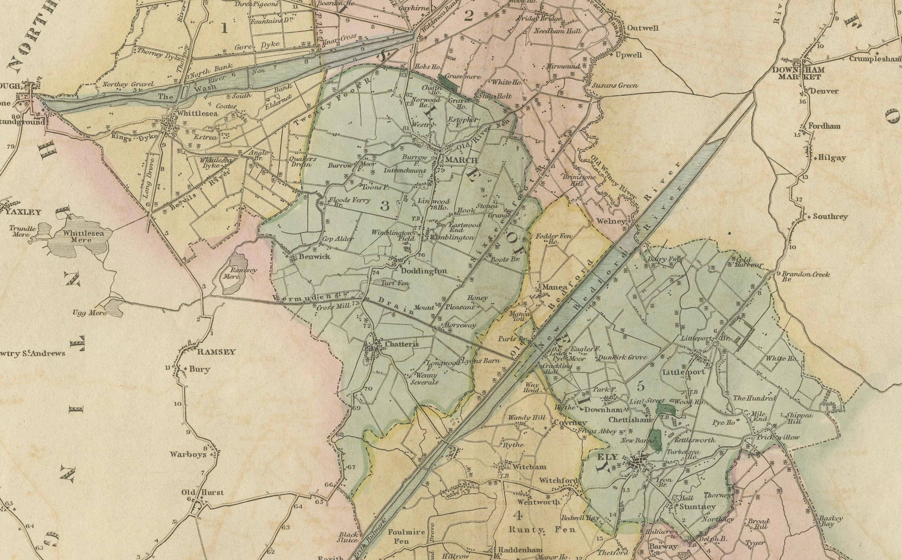 Large Hand-Colored Map of Cambridgeshire by Greenwood, 1834