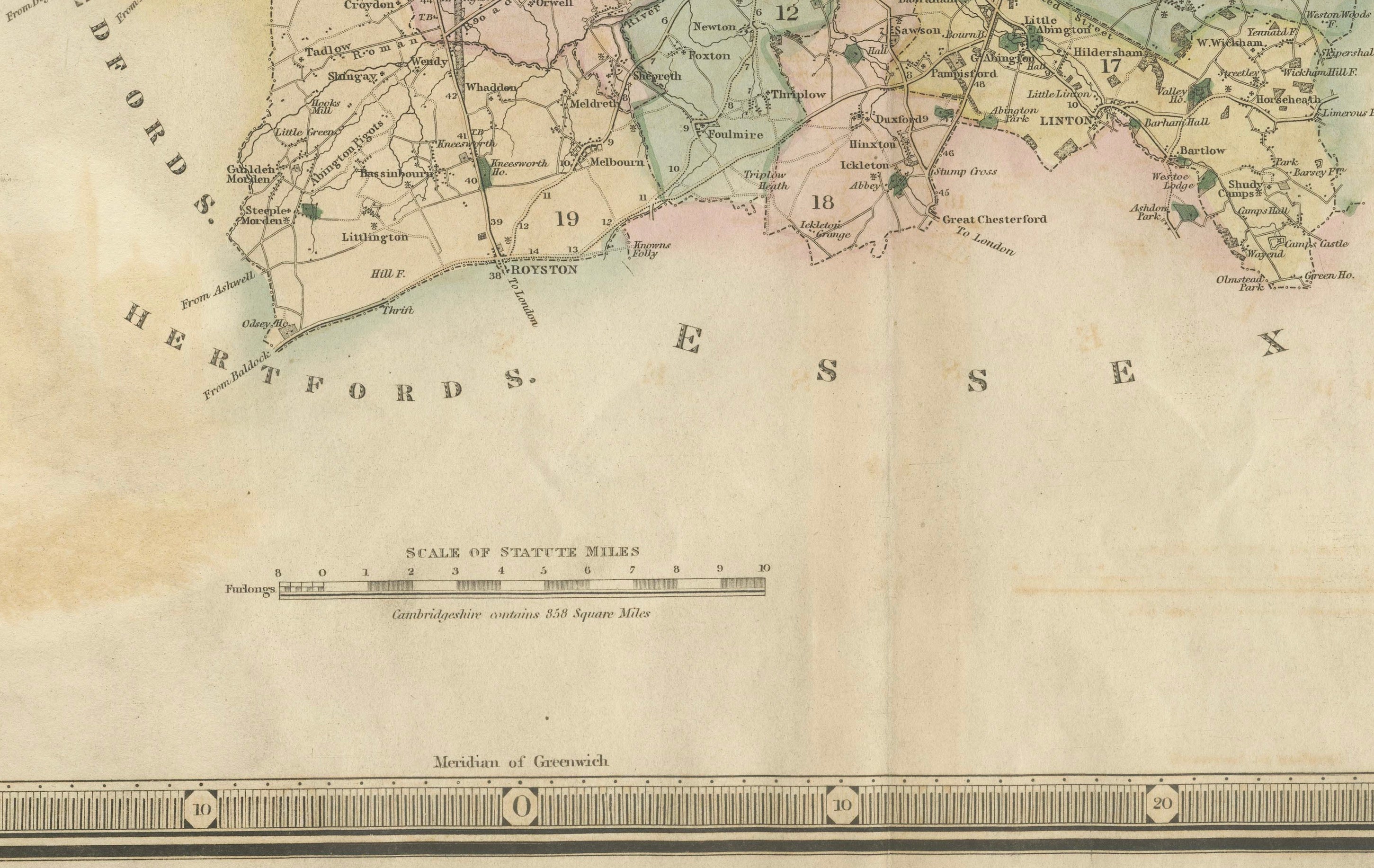 Large Hand-Colored Map of Cambridgeshire by Greenwood, 1834