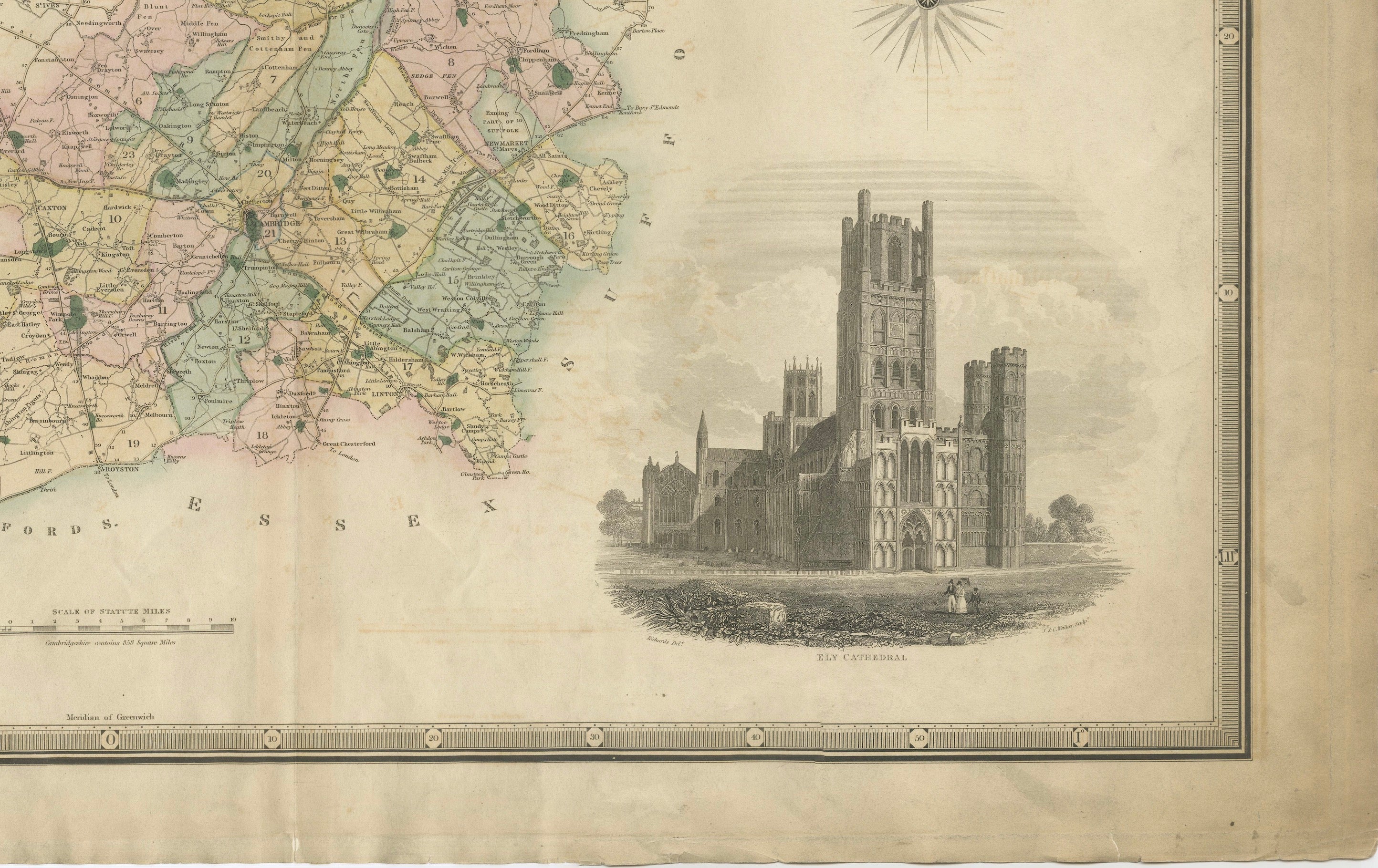 Large Hand-Colored Map of Cambridgeshire by Greenwood, 1834