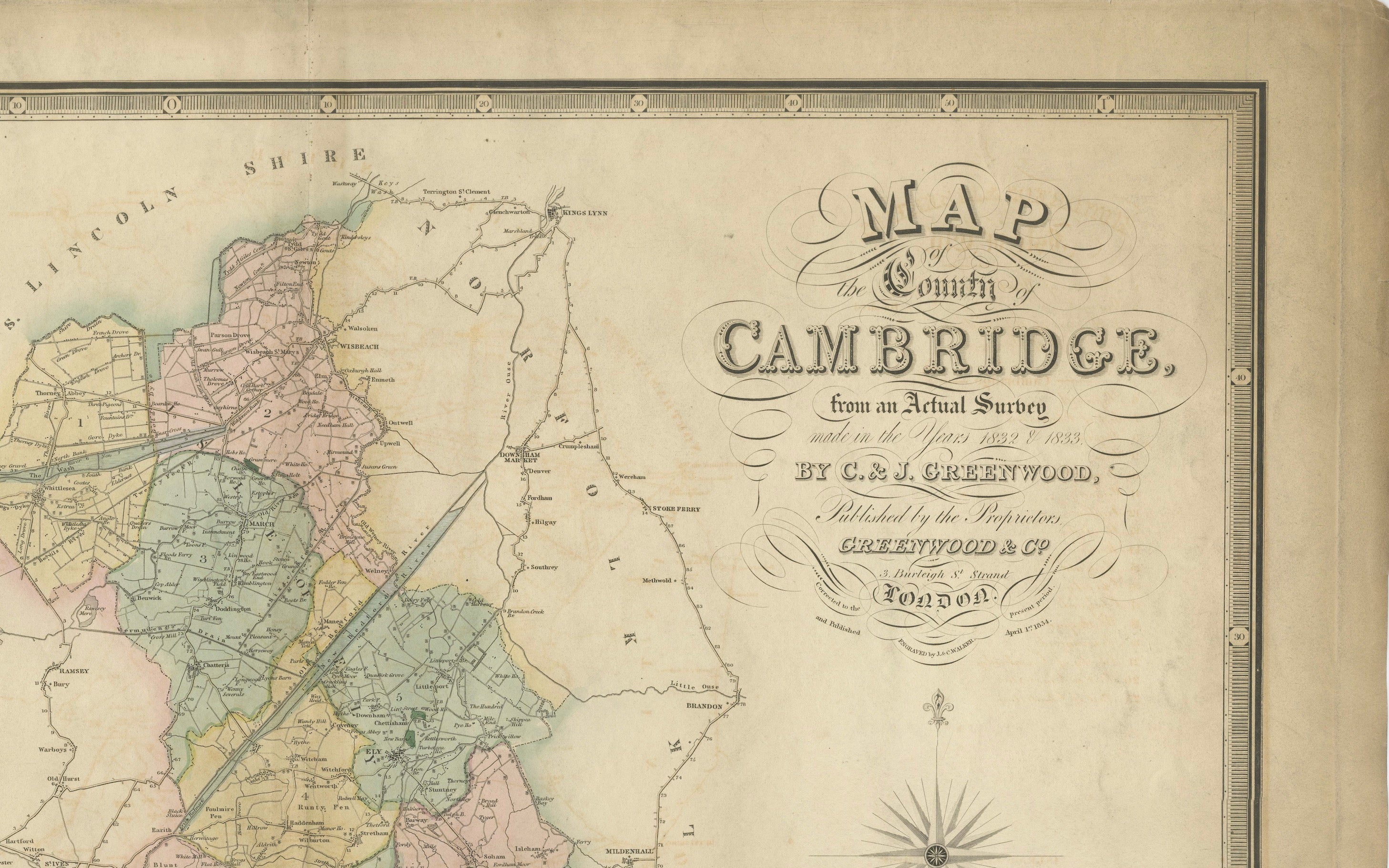 Large Hand-Colored Map of Cambridgeshire by Greenwood, 1834