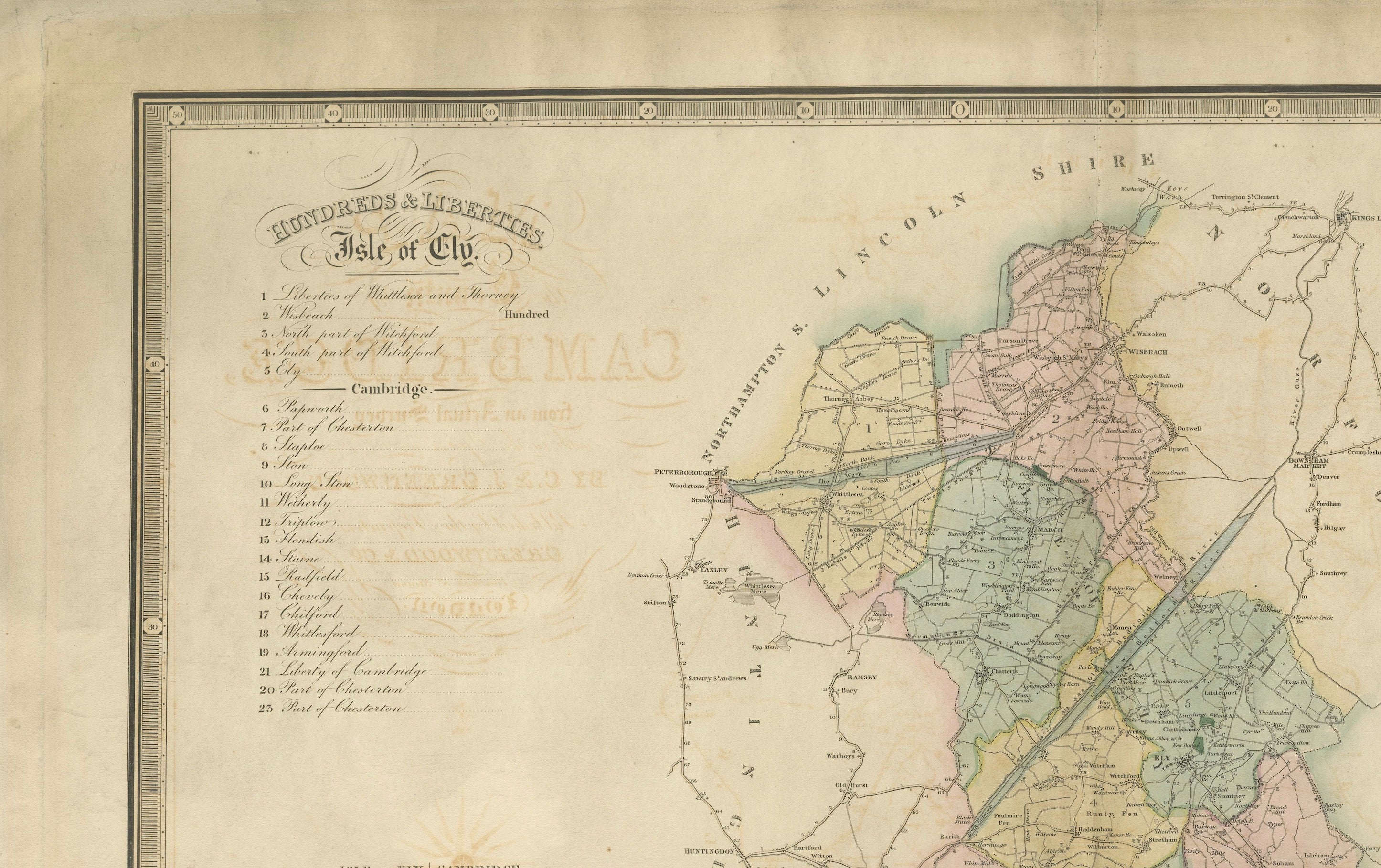 Large Hand-Colored Map of Cambridgeshire by Greenwood, 1834