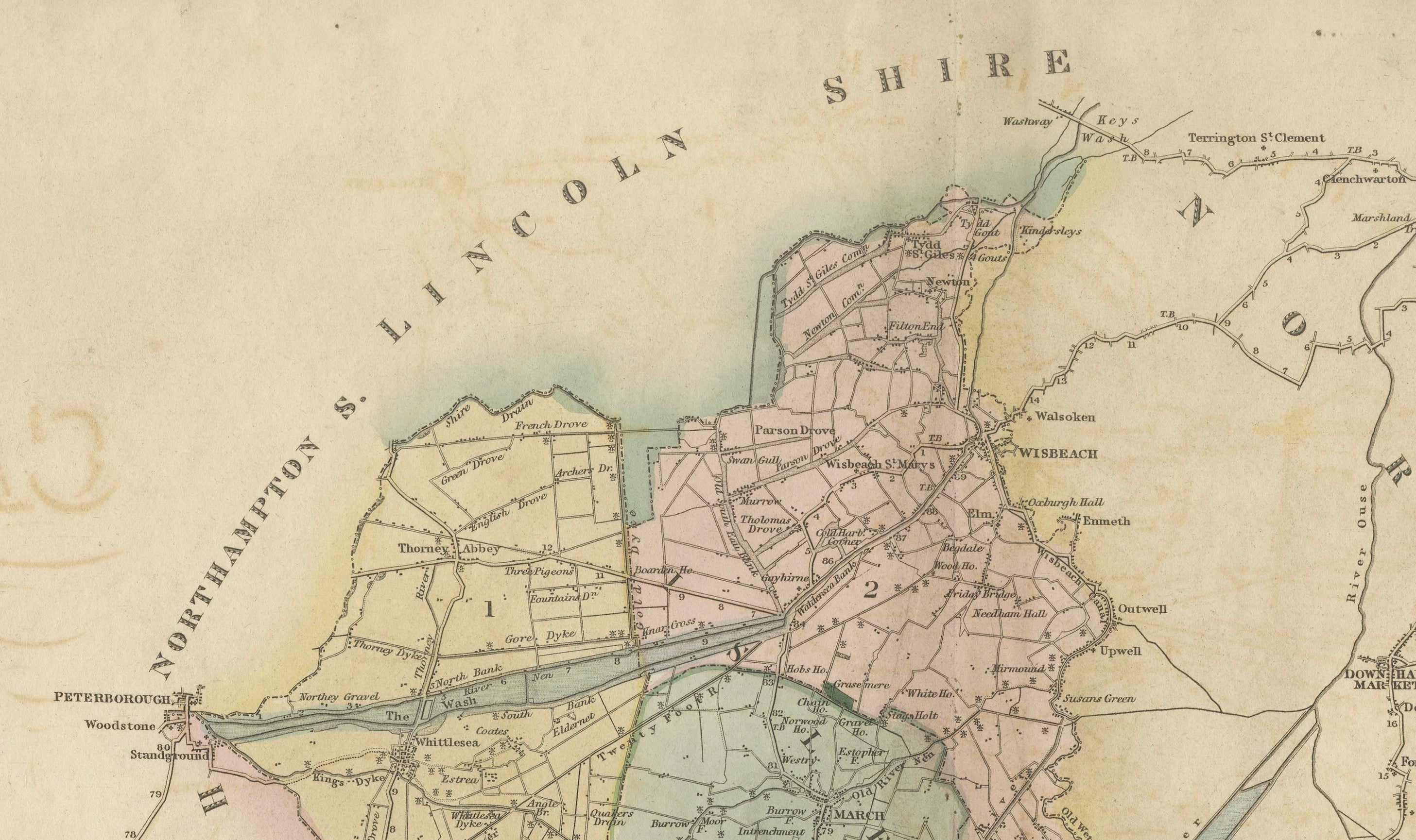 Large Hand-Colored Map of Cambridgeshire by Greenwood, 1834
