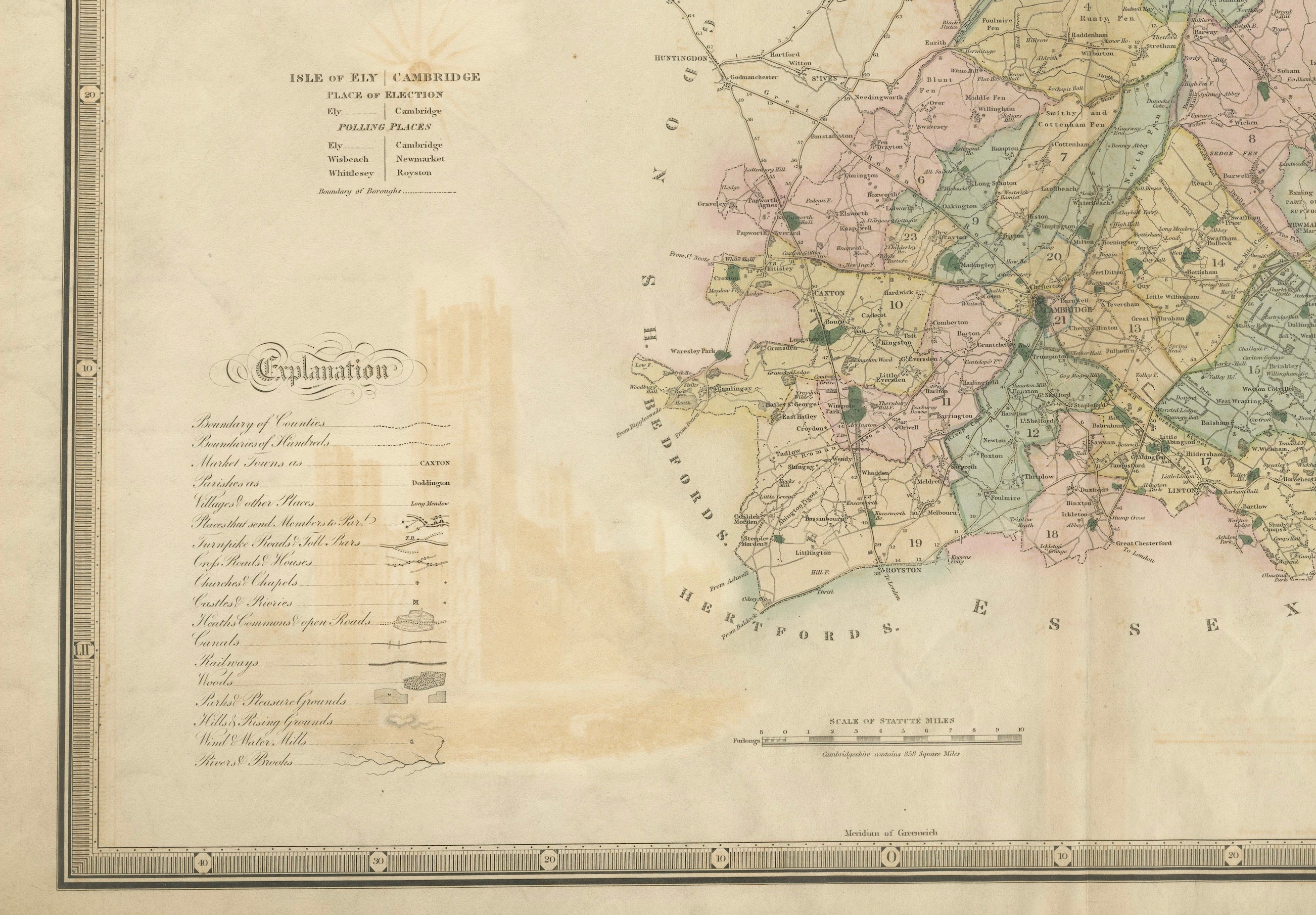 Large Hand-Colored Map of Cambridgeshire by Greenwood, 1834