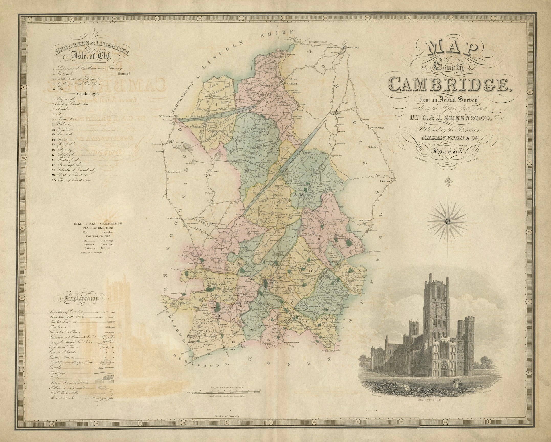 Large Hand-Colored Map of Cambridgeshire by Greenwood, 1834