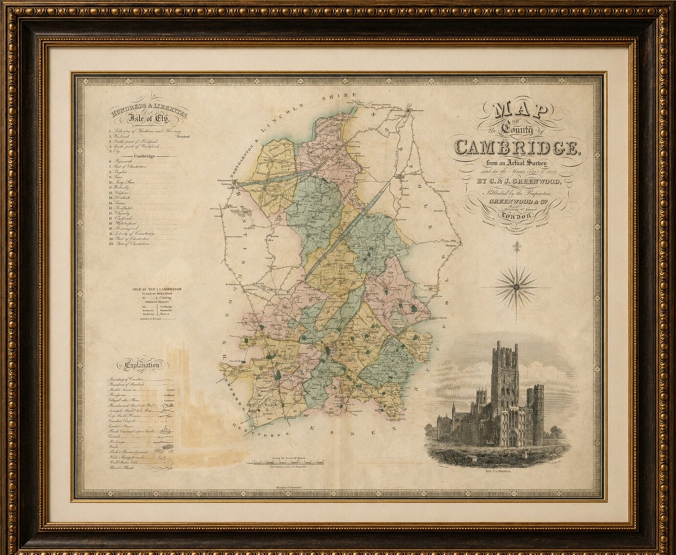 Large Hand-Colored Map of Cambridgeshire by Greenwood, 1834