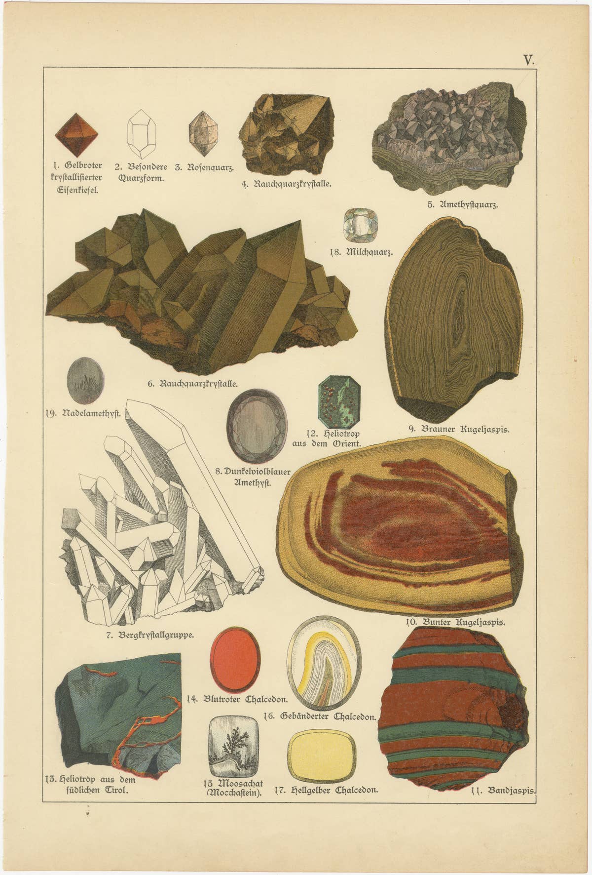 Three Antique Mineralogy Chromolithographs, Quartz, Agate & Tourmaline, 1888