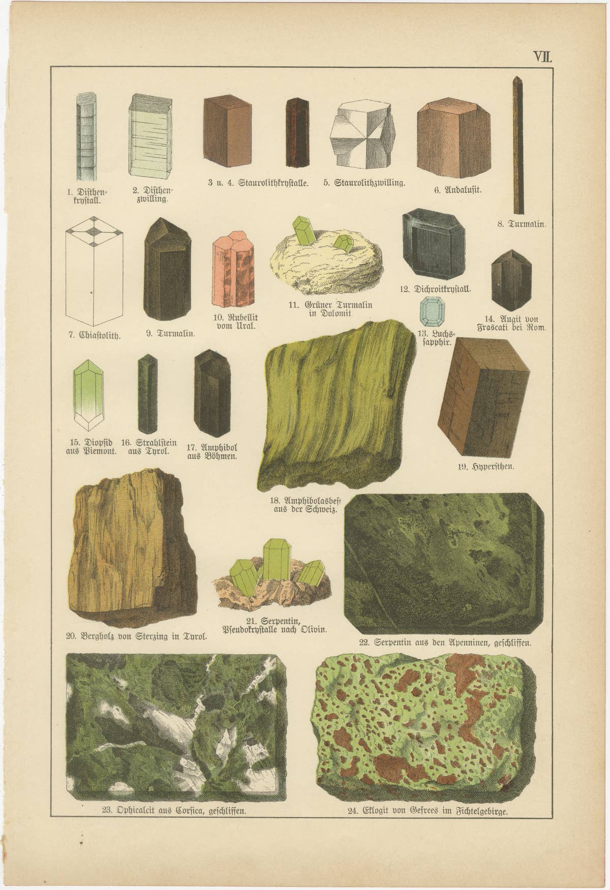 Three Antique Mineralogy Chromolithographs, Quartz, Agate & Tourmaline, 1888
