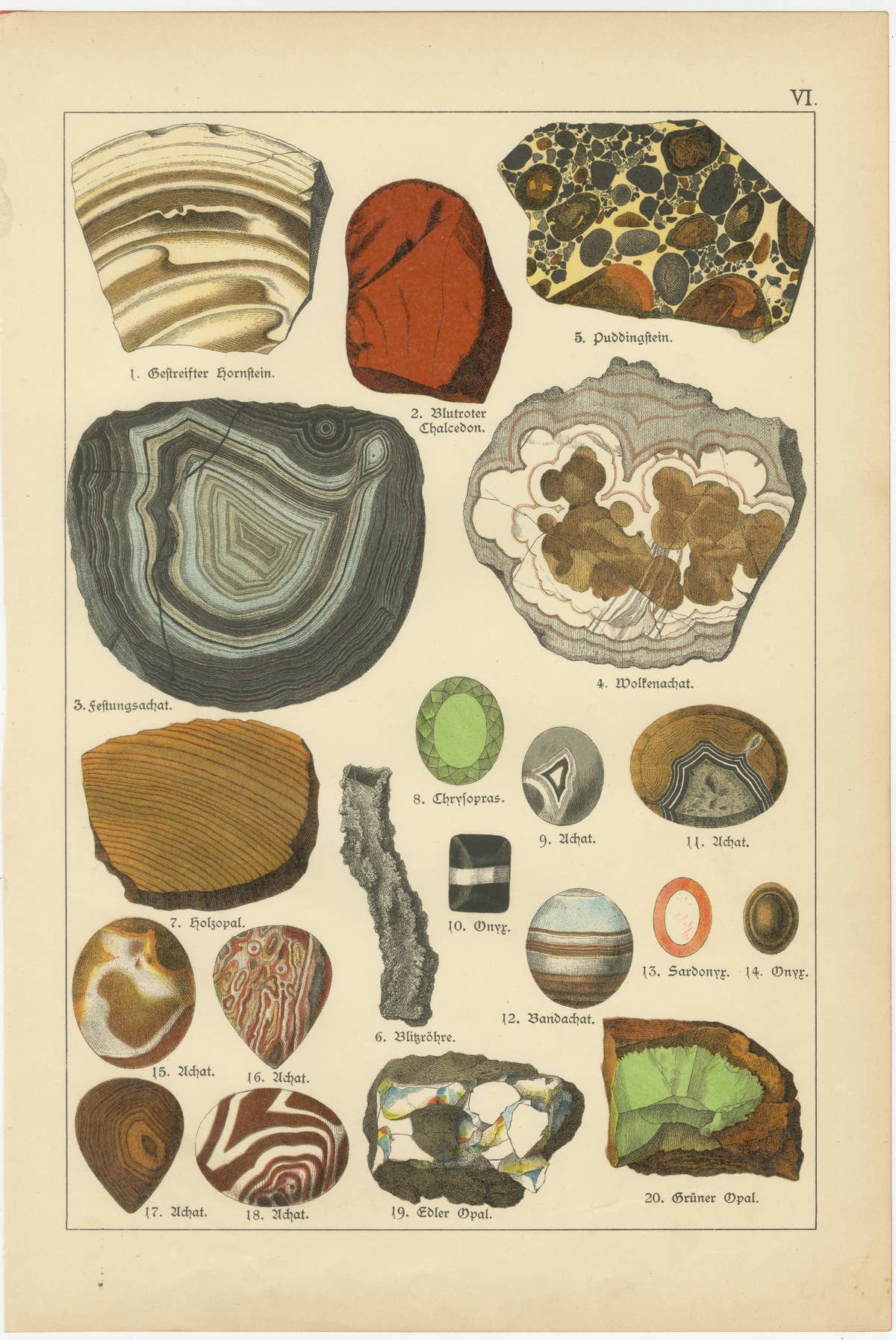 Three Antique Mineralogy Chromolithographs, Quartz, Agate & Tourmaline, 1888