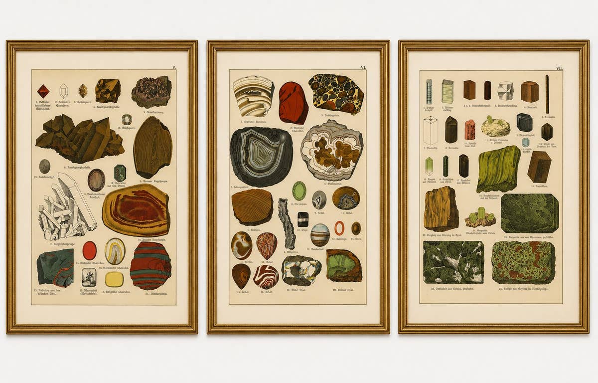 Three Antique Mineralogy Chromolithographs, Quartz, Agate & Tourmaline, 1888