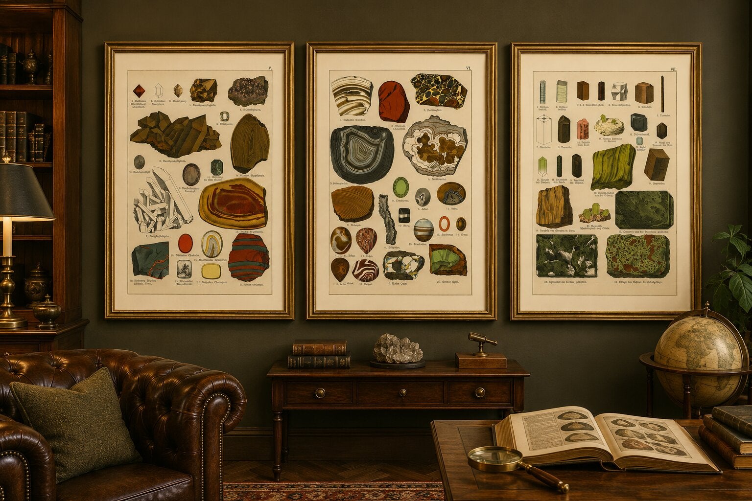 Three Antique Mineralogy Chromolithographs, Quartz, Agate & Tourmaline, 1888