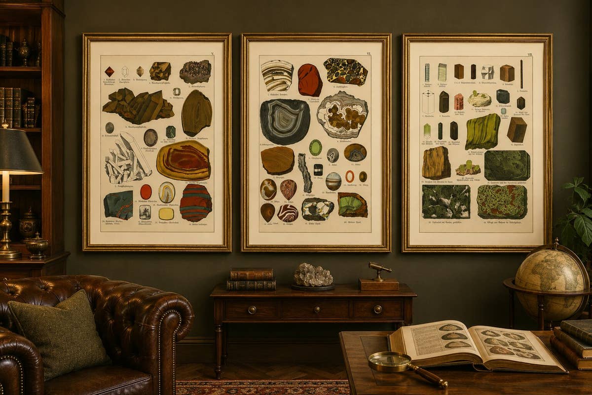 Three Antique Mineralogy Chromolithographs, Quartz, Agate & Tourmaline, 1888