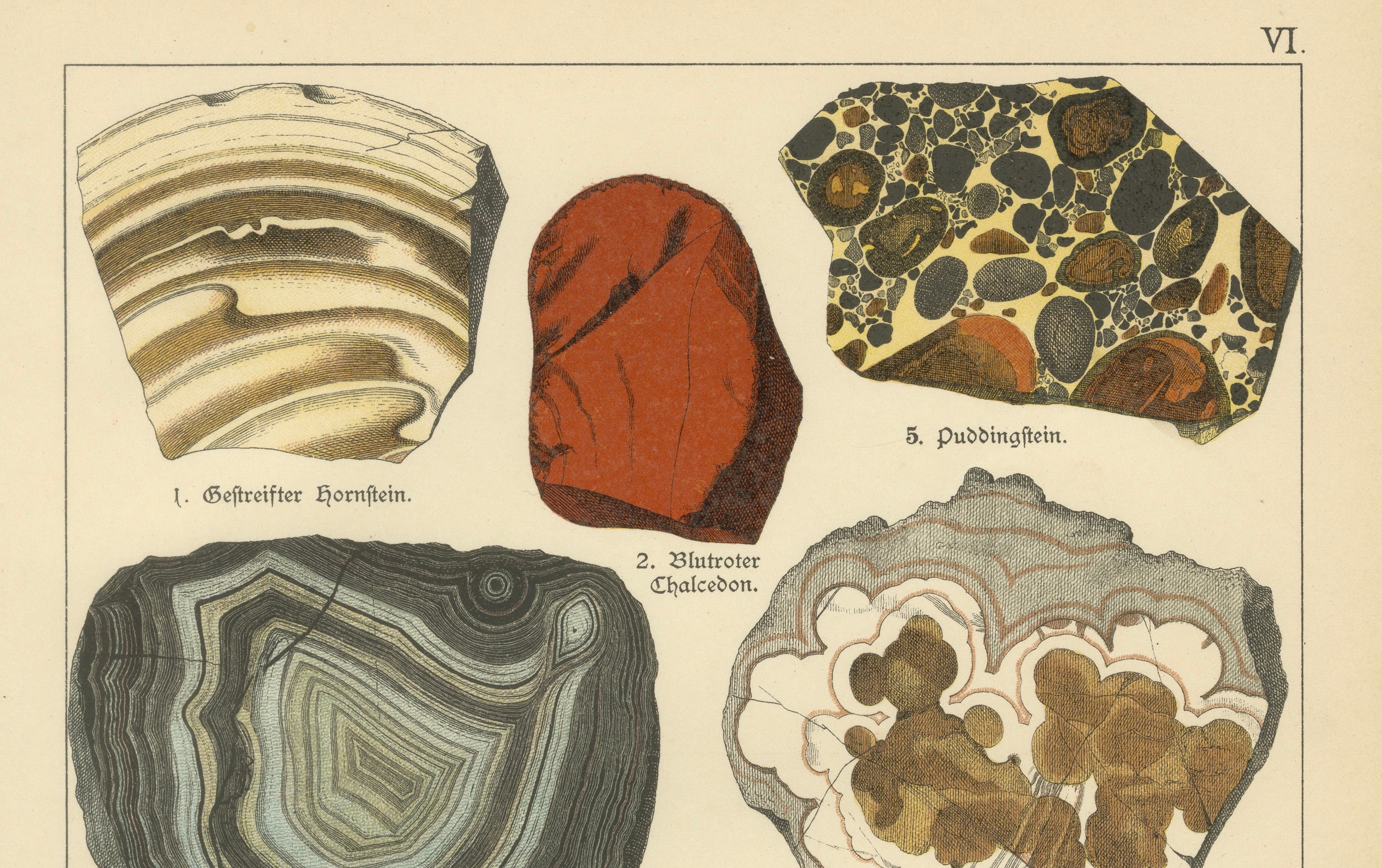 Three Antique Mineralogy Chromolithographs, Quartz, Agate & Tourmaline, 1888