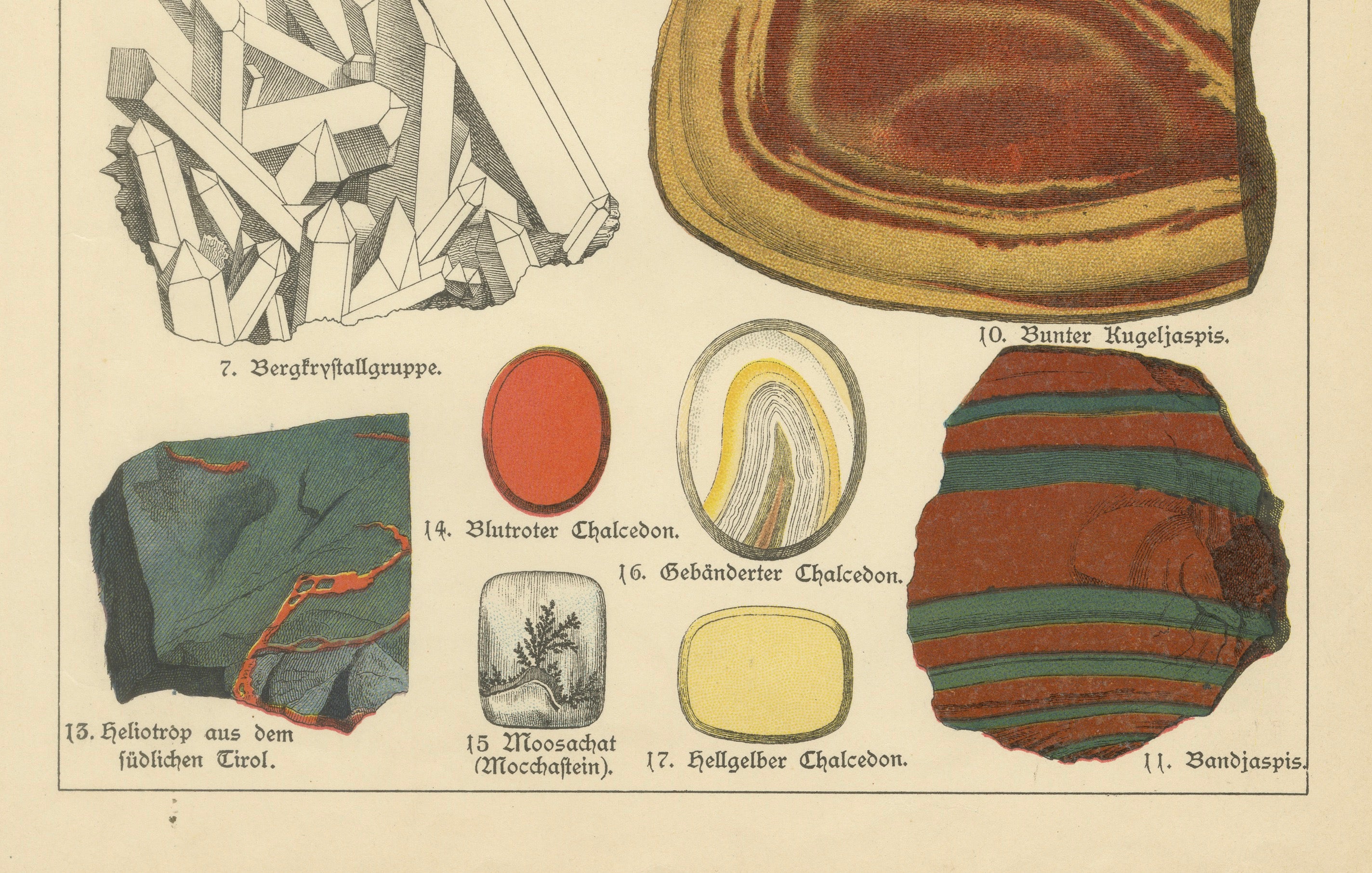 Three Antique Mineralogy Chromolithographs, Quartz, Agate & Tourmaline, 1888