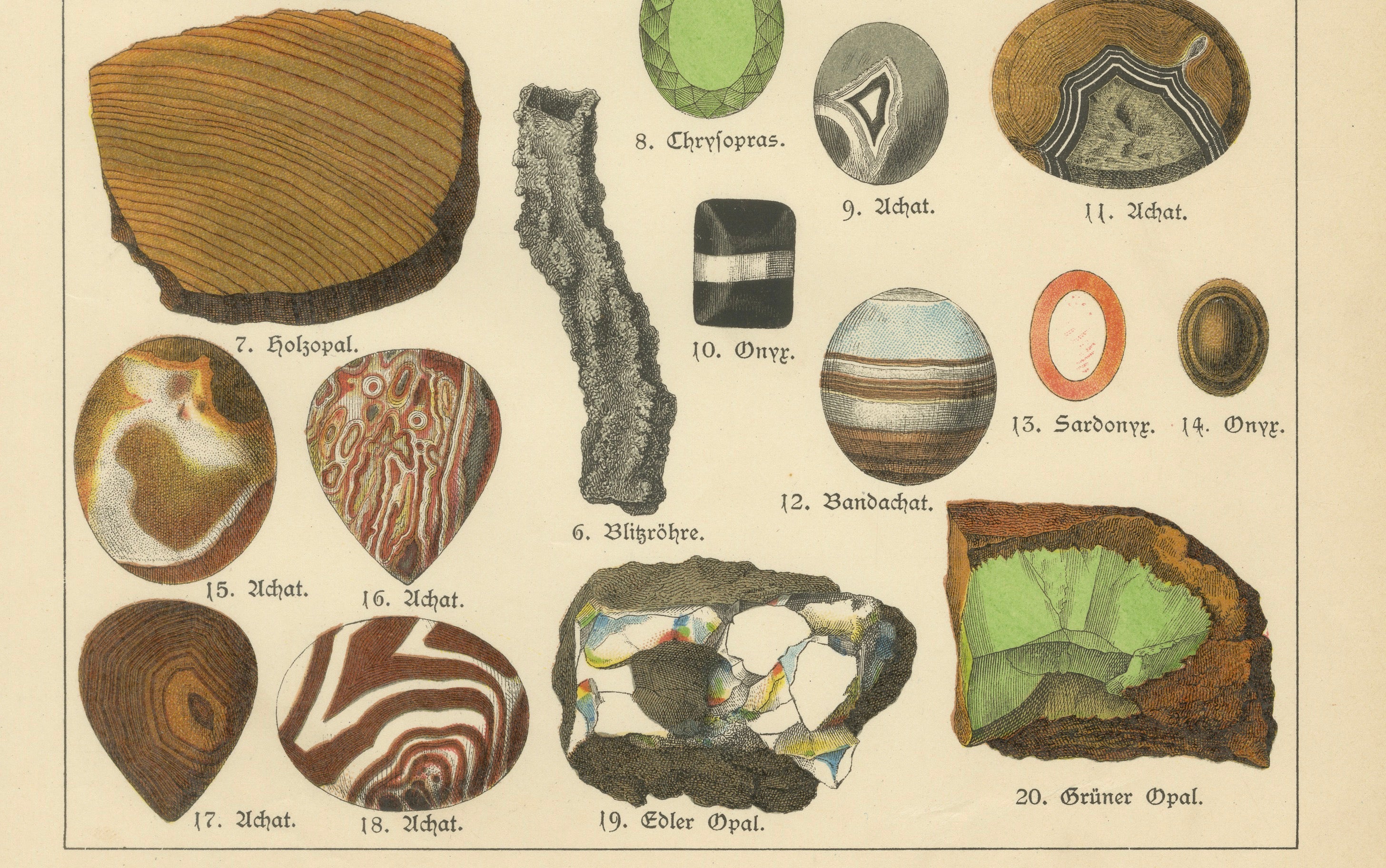 Three Antique Mineralogy Chromolithographs, Quartz, Agate & Tourmaline, 1888